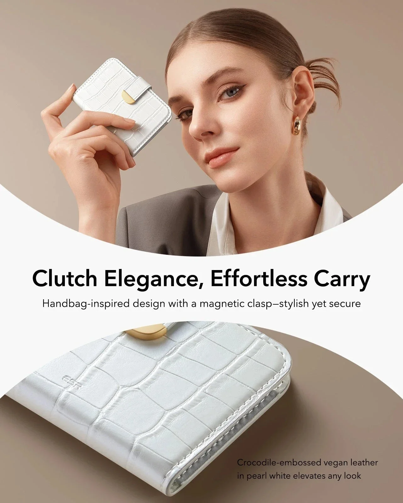 Aura Clutch Magnetic Wallet - Pearl White Croc - Image 4