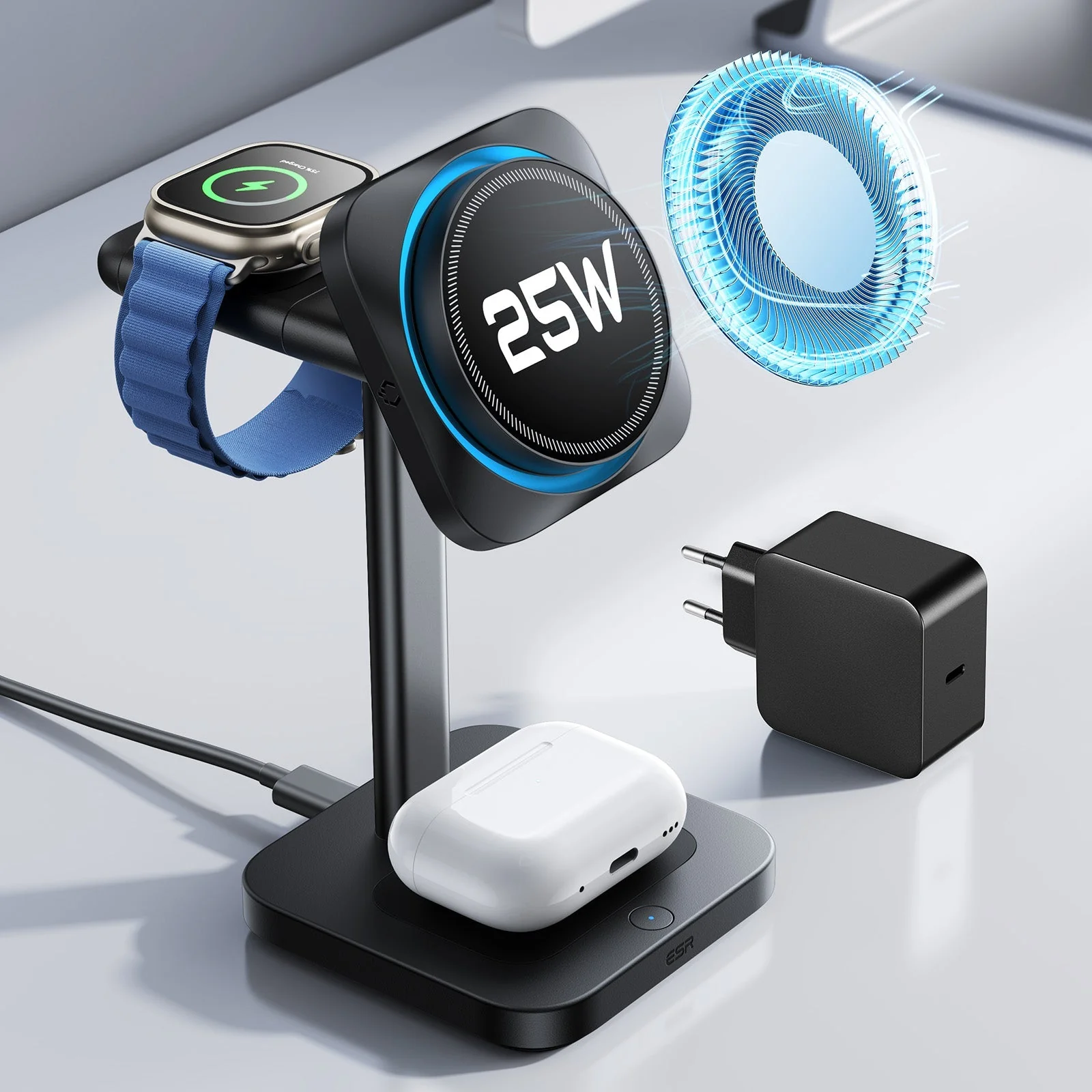 CryoBoost 3-in-1 Magnetic Charging Station (25W, Qi2.2)  - EU Plug–Black - Image 10