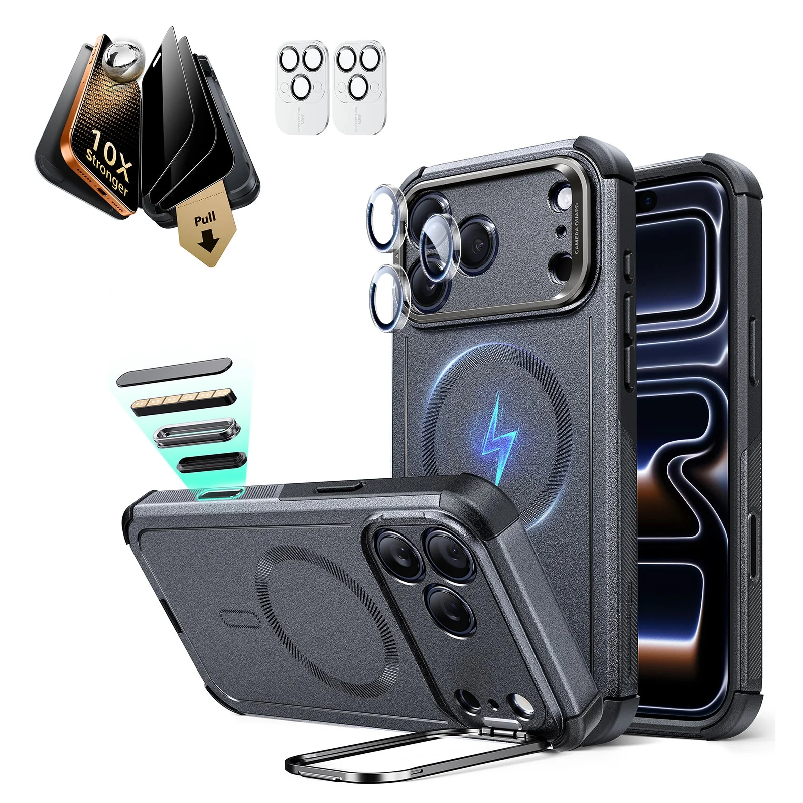 iPhone 17 Pro Max Bundle Cyber Tough Magnetic Case (Stash Stand) and Armorite Pro Privacy Screen Protector - Space Gray