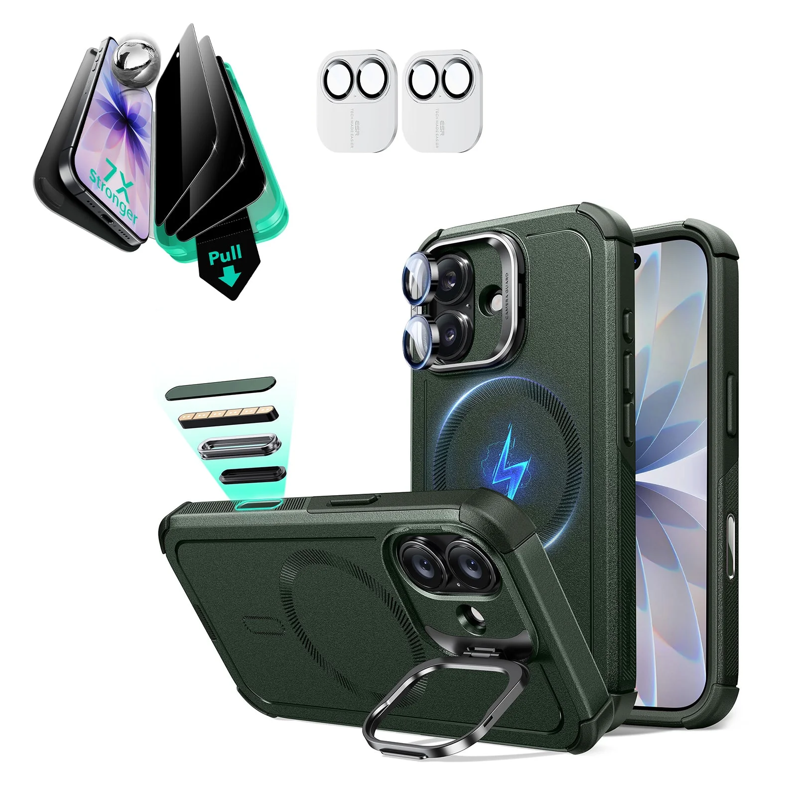 iPhone 17 Bundle Cyber Tough Magnetic Case (Camera Control, Stash Stand) and Armorite Privacy Screen Protector - Olive Green