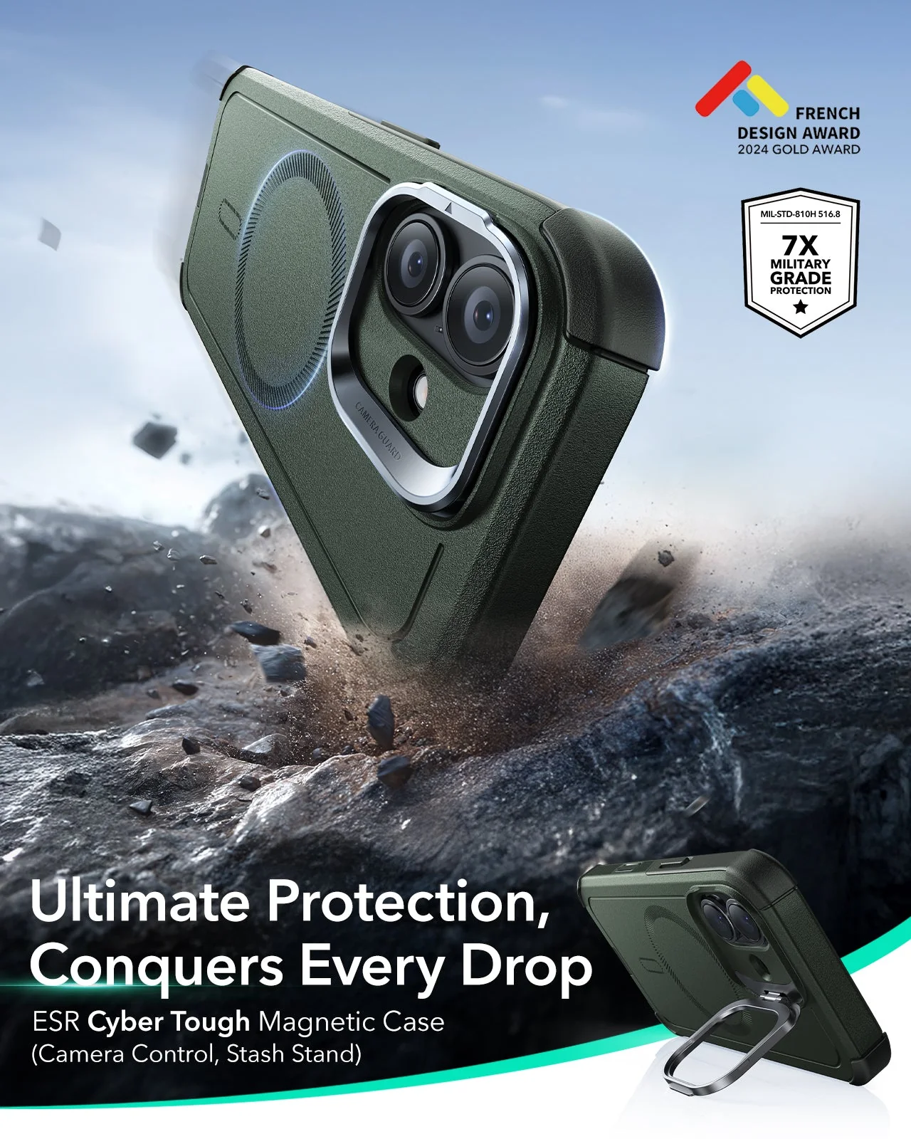 iPhone 17 Cyber Tough Magnetic Case (Camera Control, Stash Stand) - Olive Green - Image 2