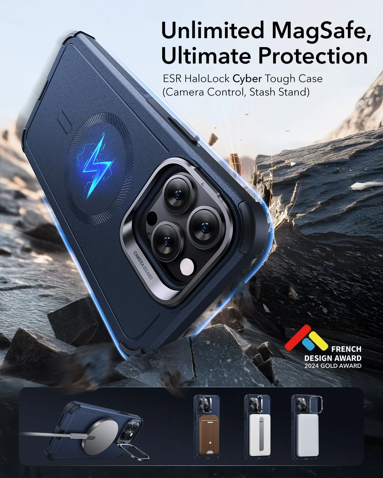 iPhone 13 Pro Max Cyber Tough Magnetic Case (Stash Stand) - Dark Blue - Image 2