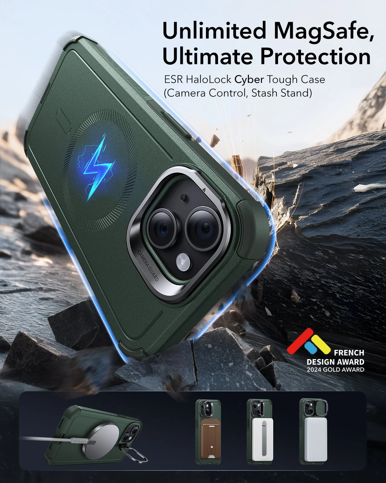 iPhone 14/13 Cyber Tough Magnetic Case (Stash Stand) - Green - Image 2