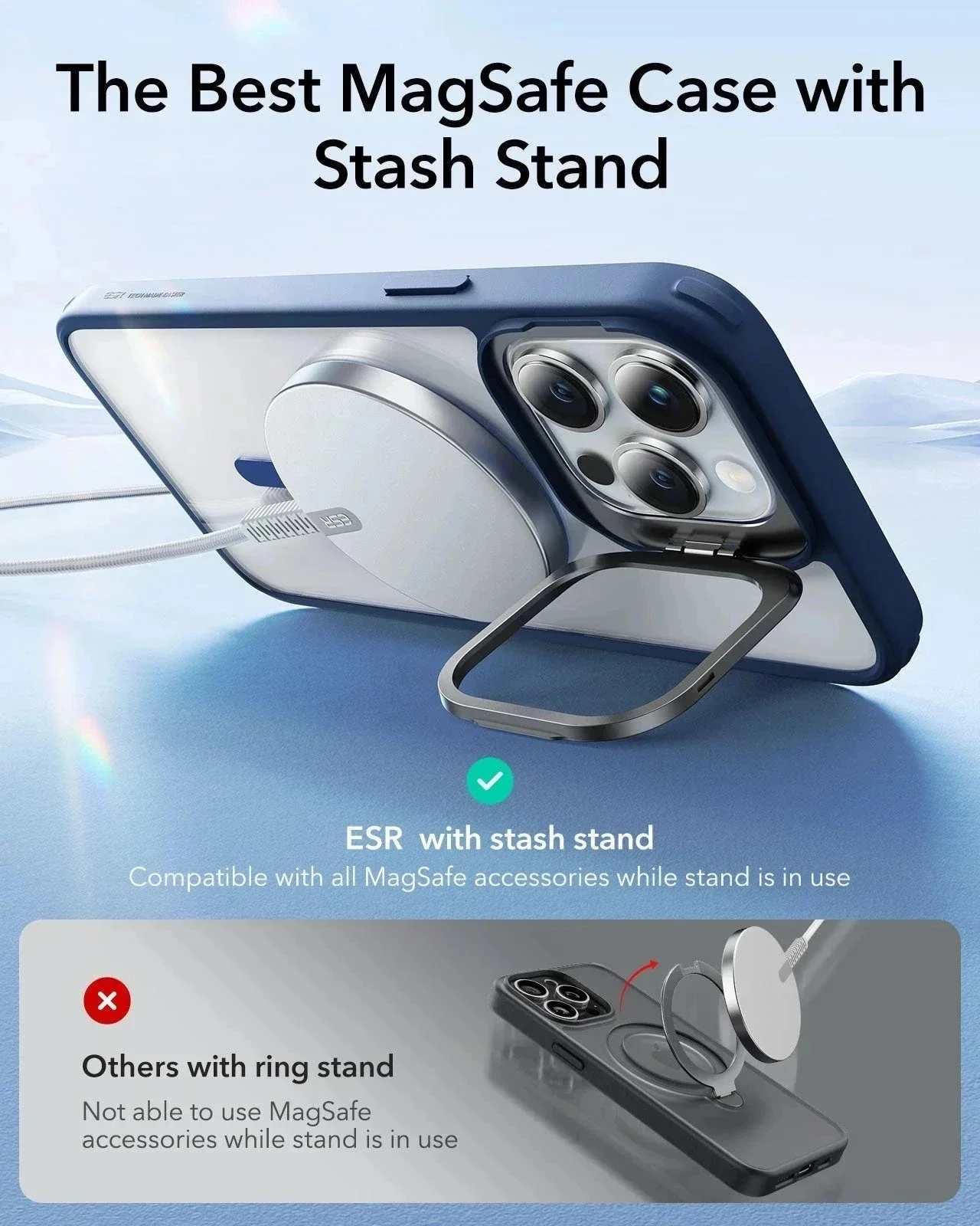 iPhone 14 Pro Max Classic Hybrid Case with Stash Stand (HaloLock) - Clear Blue - Image 3