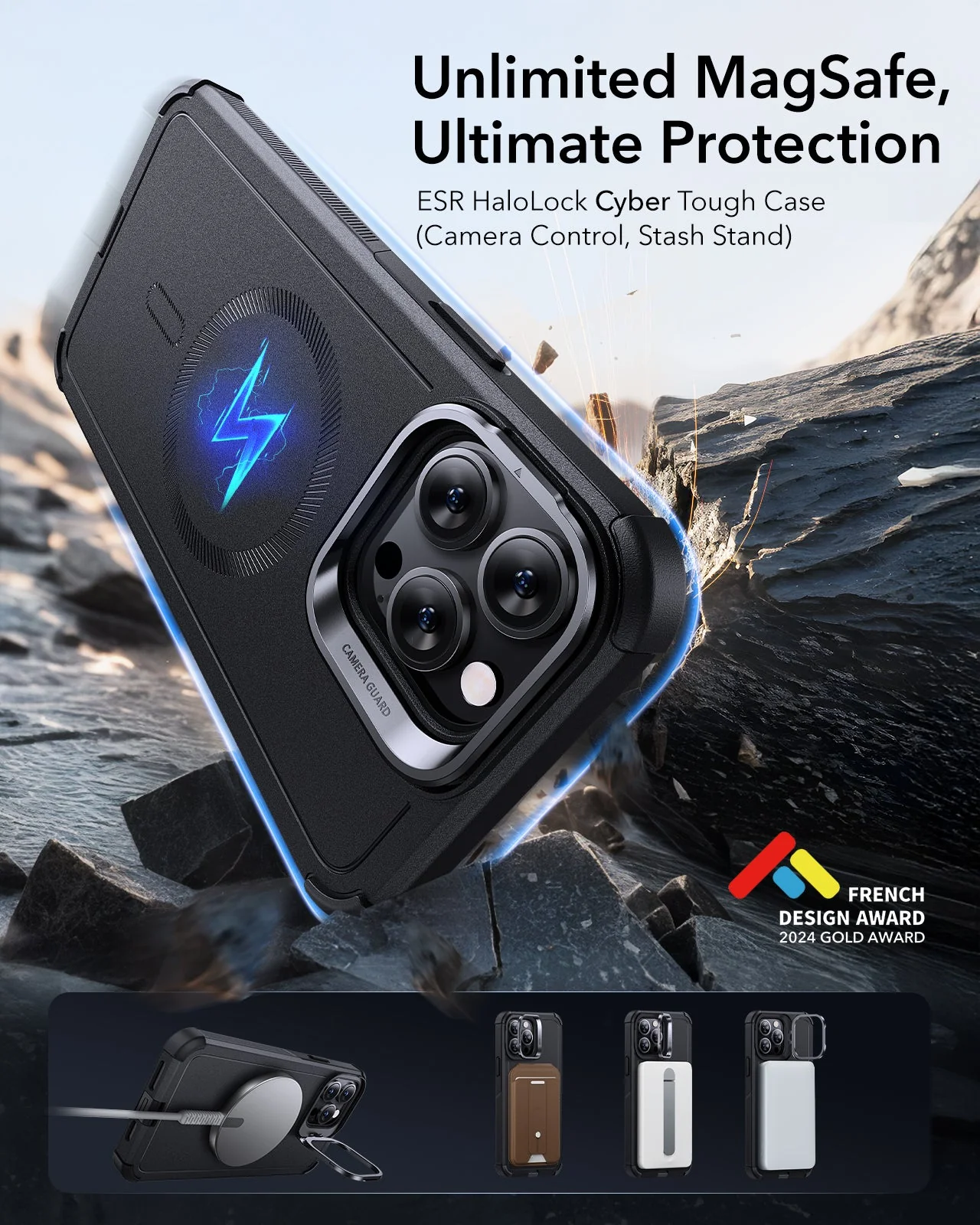 iPhone 14 Pro Max Cyber Tough Magnetic Case (Stash Stand) - Black - Image 2