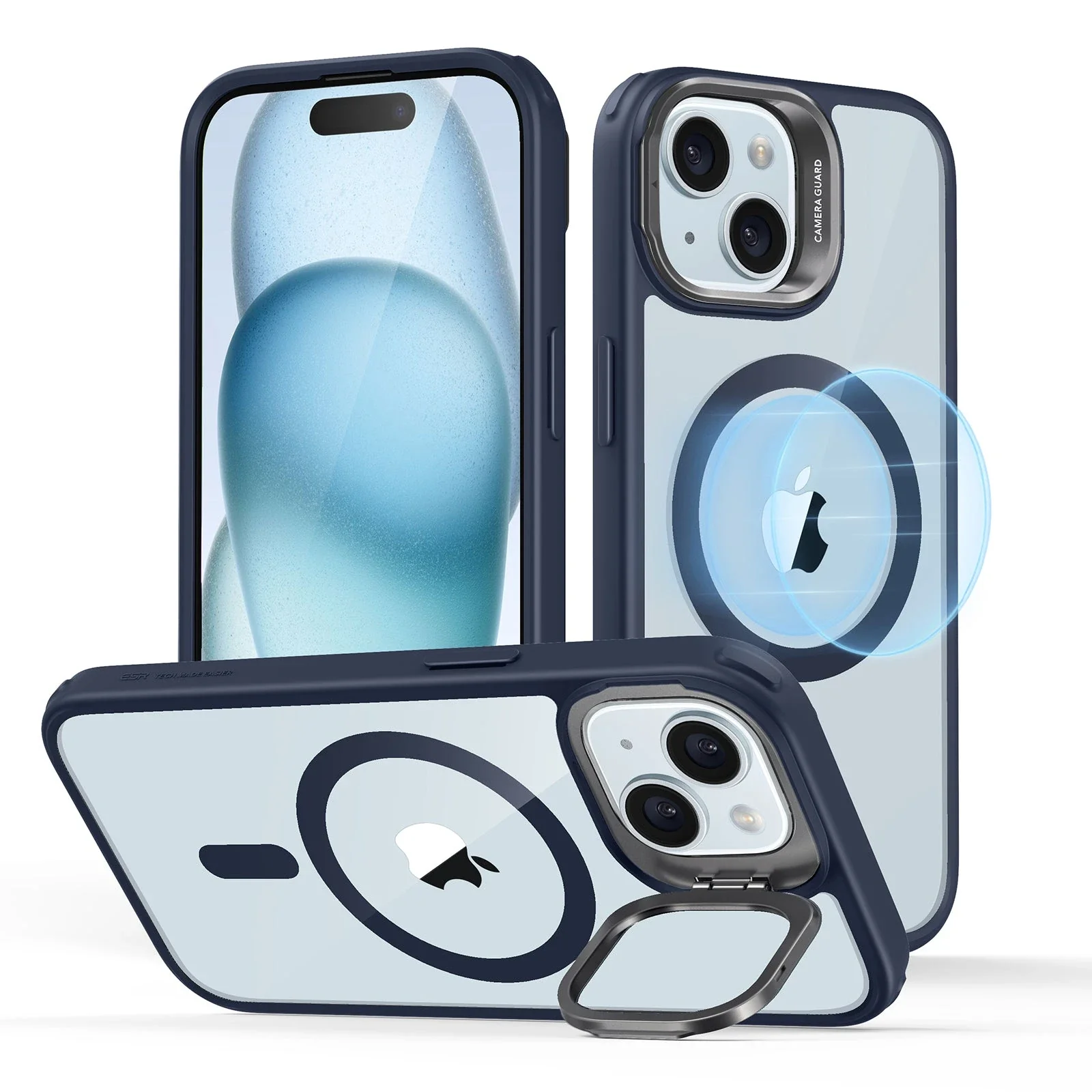iPhone 15 Classic Hybrid Case with Stash Stand (HaloLock) - Clear Dark Blue