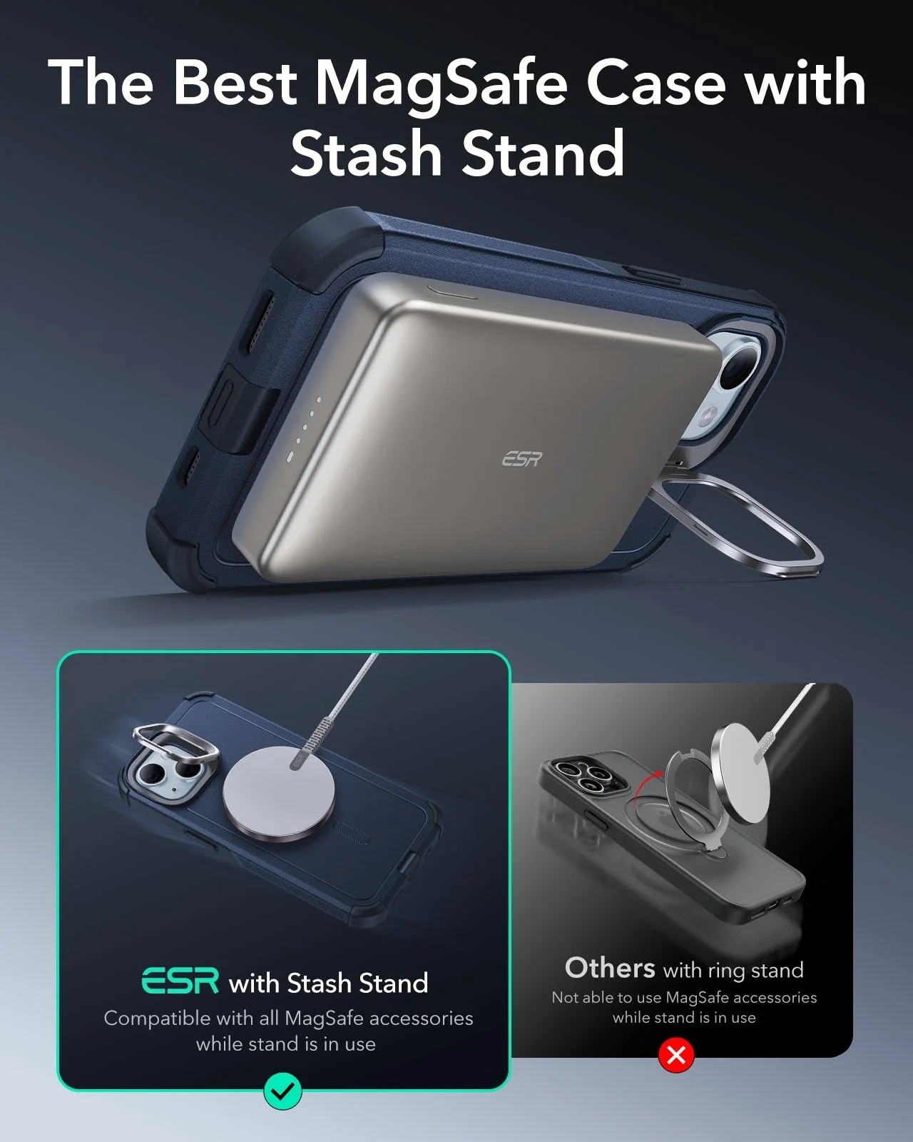iPhone 15 Cyber Tough Magnetic Case with Stash Stand - Dark Blue - Image 2
