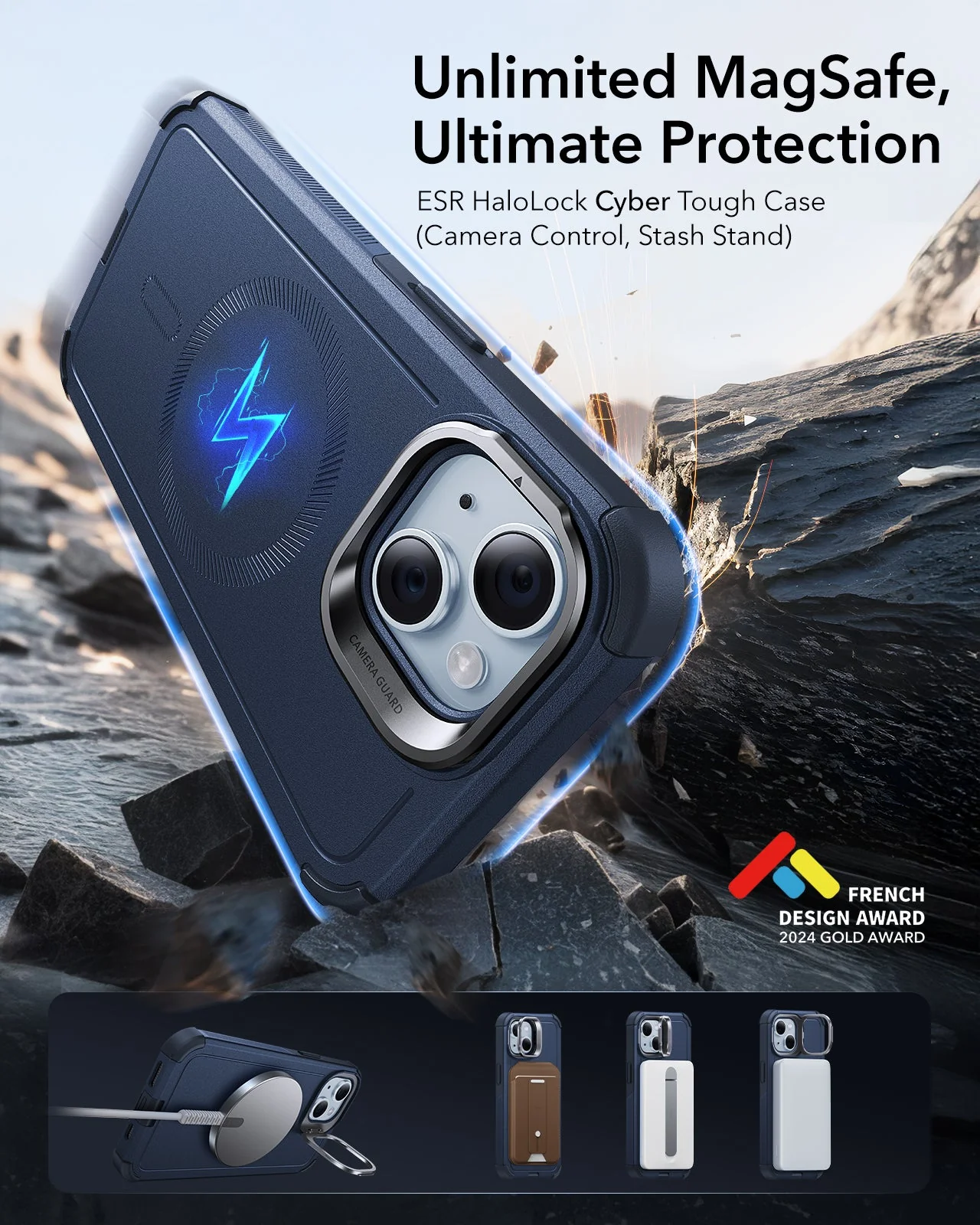 iPhone 15 Cyber Tough Magnetic Case with Stash Stand - Dark Blue - Image 3