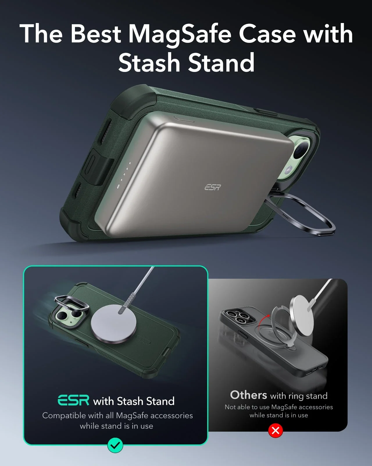 iPhone 15 Cyber Tough Magnetic Case with Stash Stand - Green - Image 2