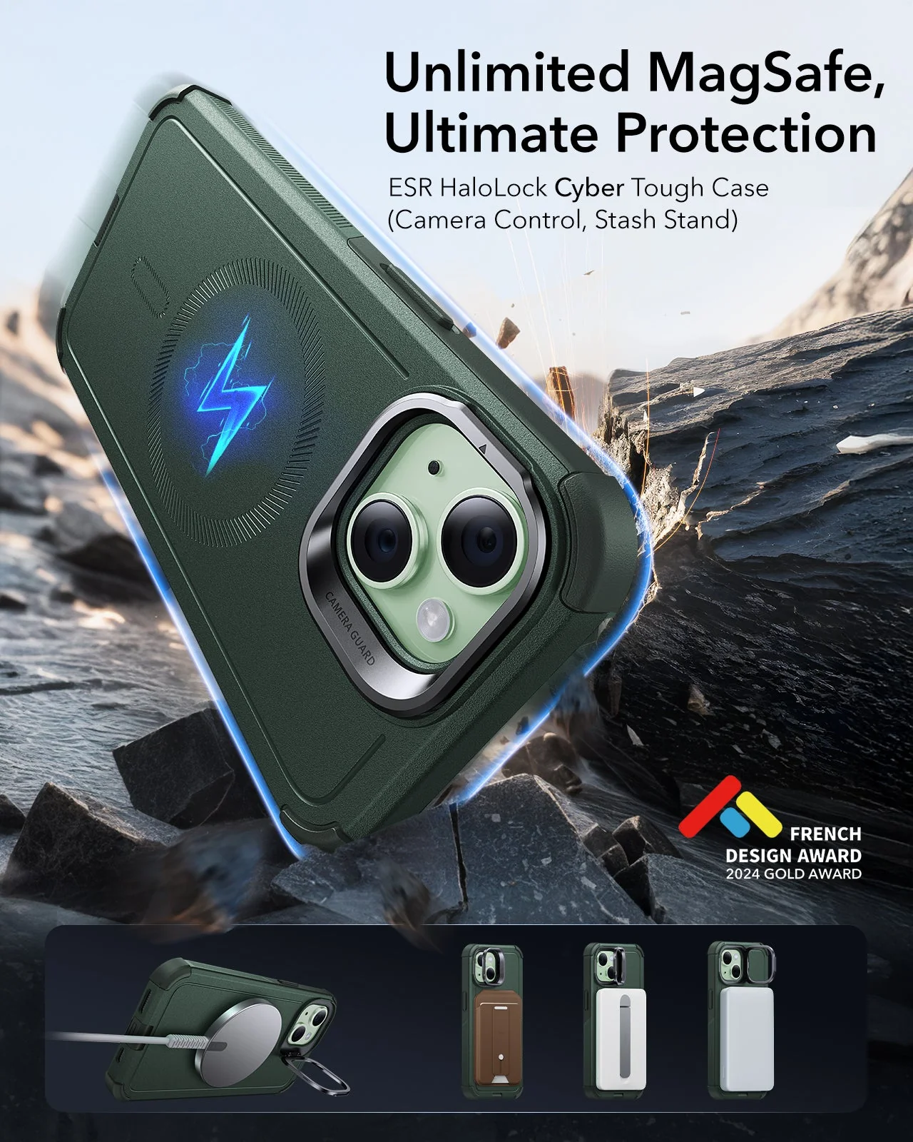 iPhone 15 Cyber Tough Magnetic Case with Stash Stand - Green - Image 3