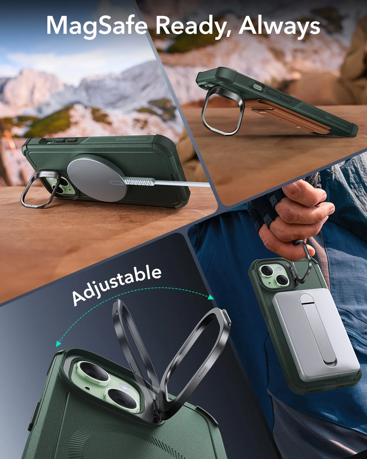 iPhone 15 Cyber Tough Magnetic Case with Stash Stand - Green - Image 5