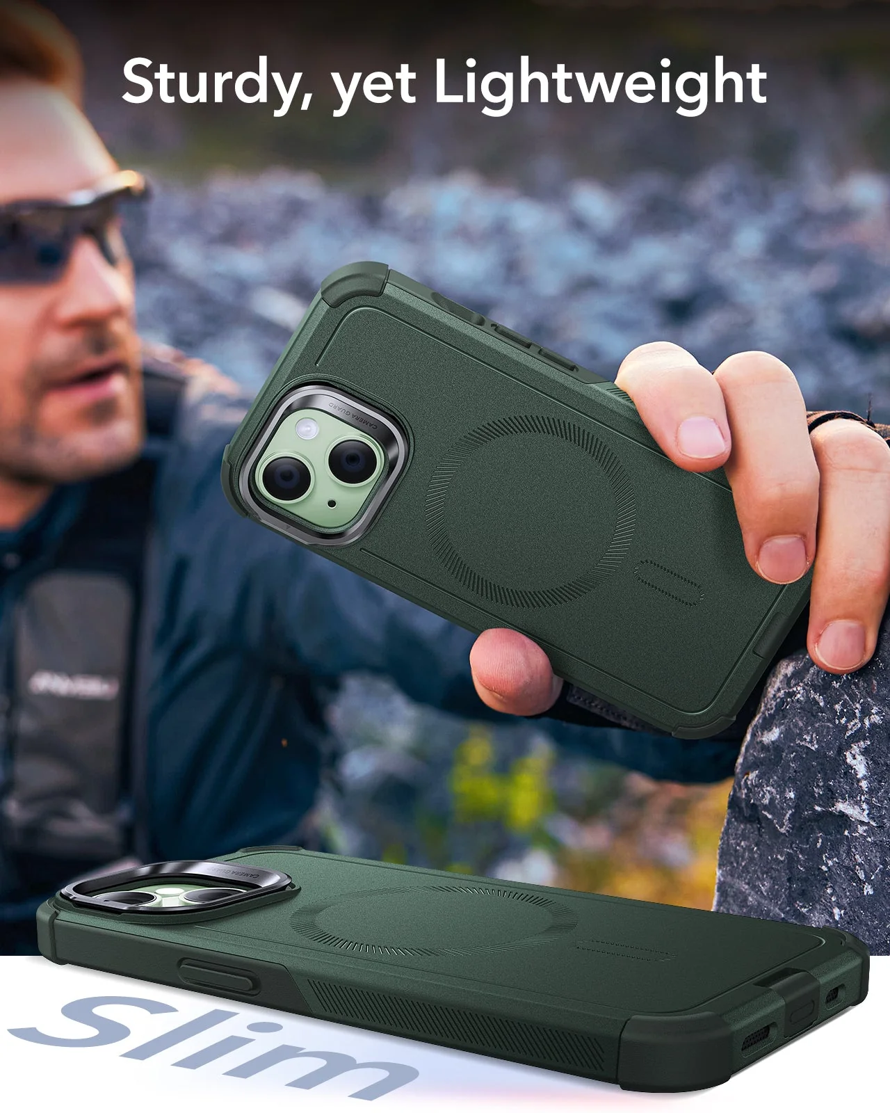 iPhone 15 Cyber Tough Magnetic Case with Stash Stand - Green - Image 7