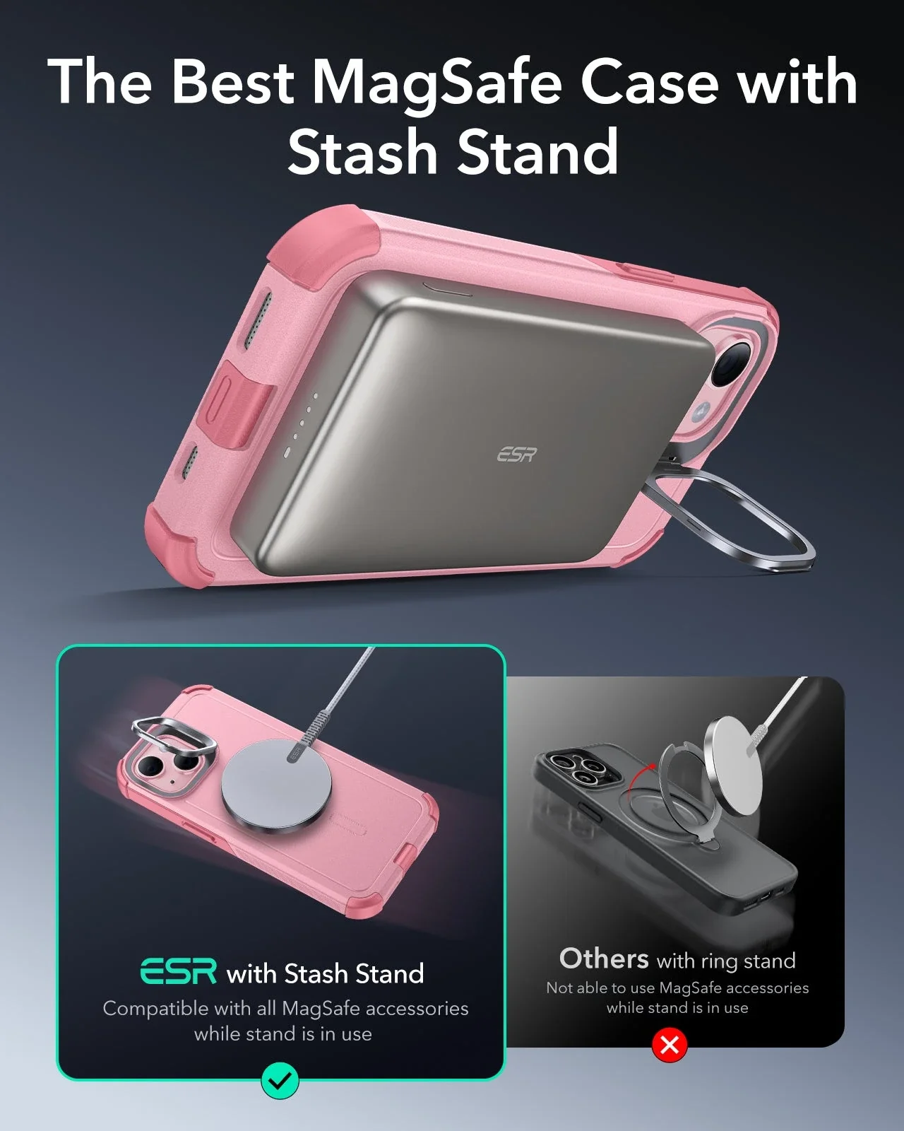 iPhone 15 Cyber Tough Magnetic Case with Stash Stand - Pink - Image 2