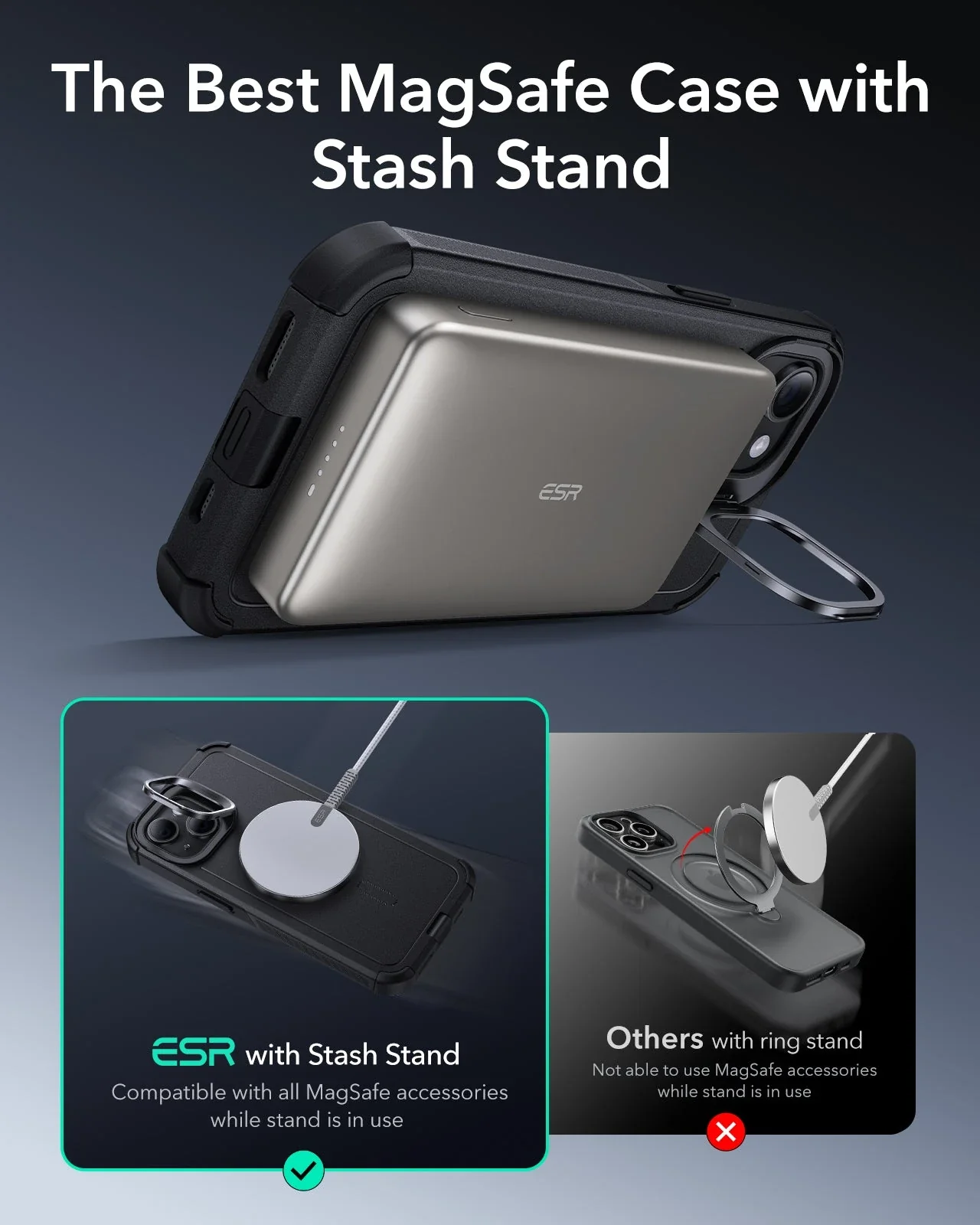 iPhone 15 Cyber Tough Magnetic Case with Stash Stand - Black - Image 4