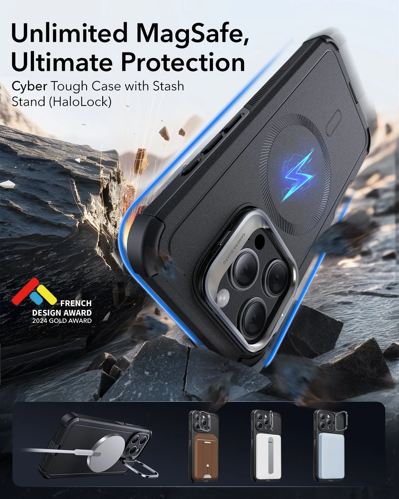 iPhone 15 Pro Cyber Tough Case with Stash Stand (HaloLock) - Black - Image 2
