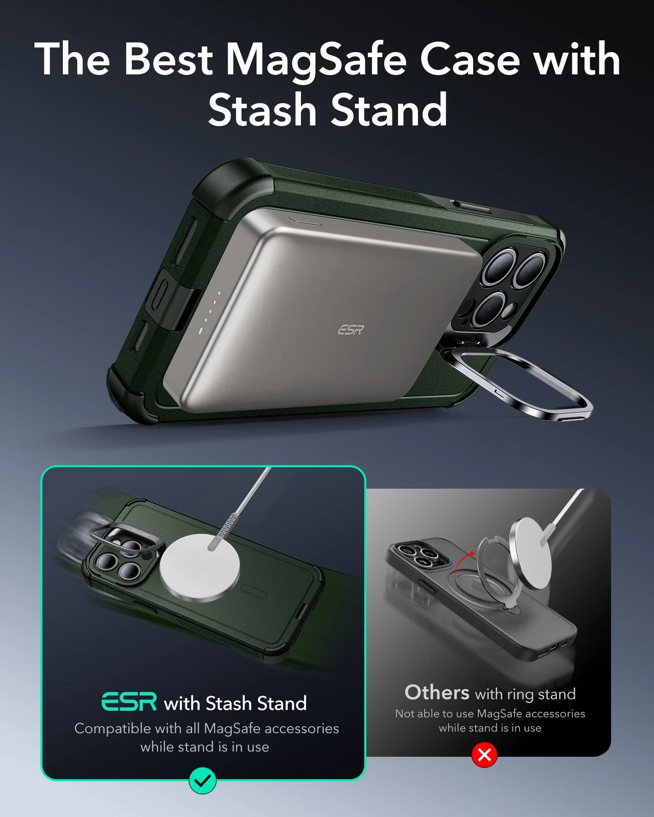 iPhone 15 Pro Cyber Tough Case with Stash Stand (HaloLock) - Dark Green - Image 4