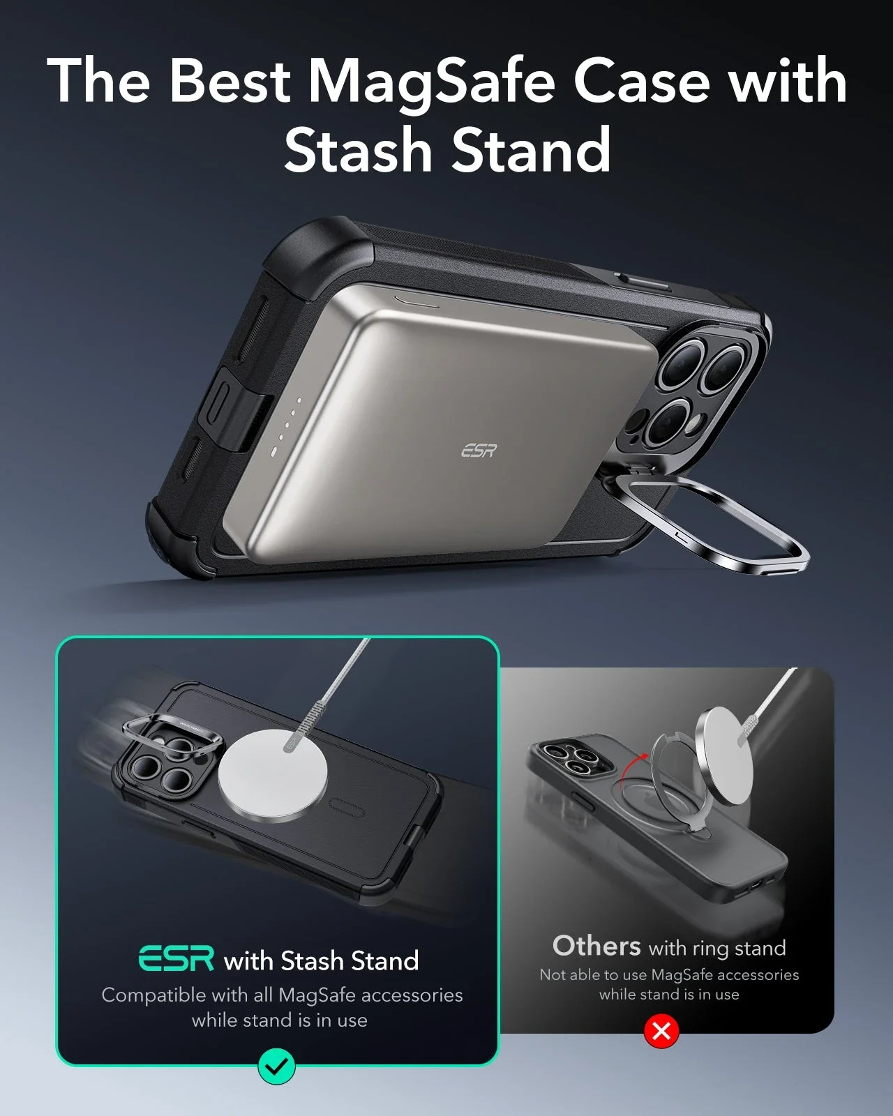 iPhone 15 Pro Max Cyber Tough Case with Stash Stand (HaloLock) - Black - Image 4