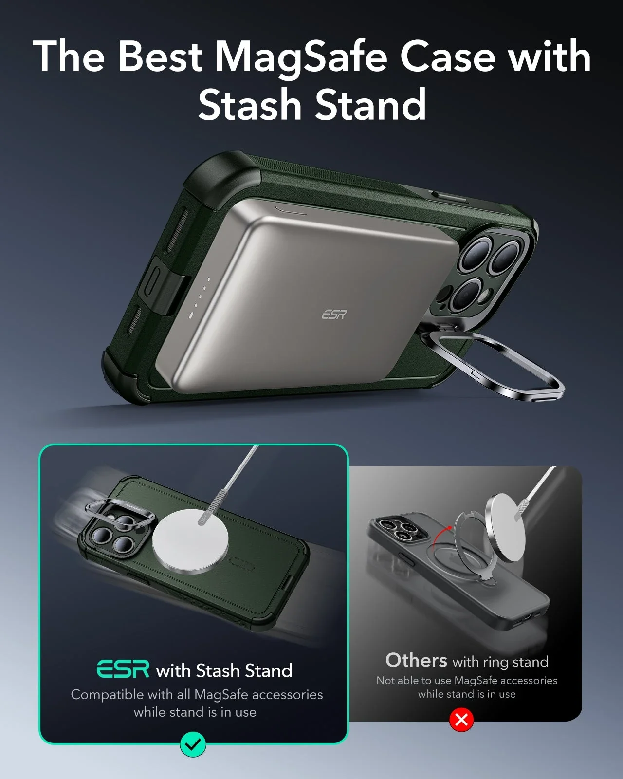 iPhone 15 Pro Max Cyber Tough Case with Stash Stand (HaloLock) - Dark Green - Image 4
