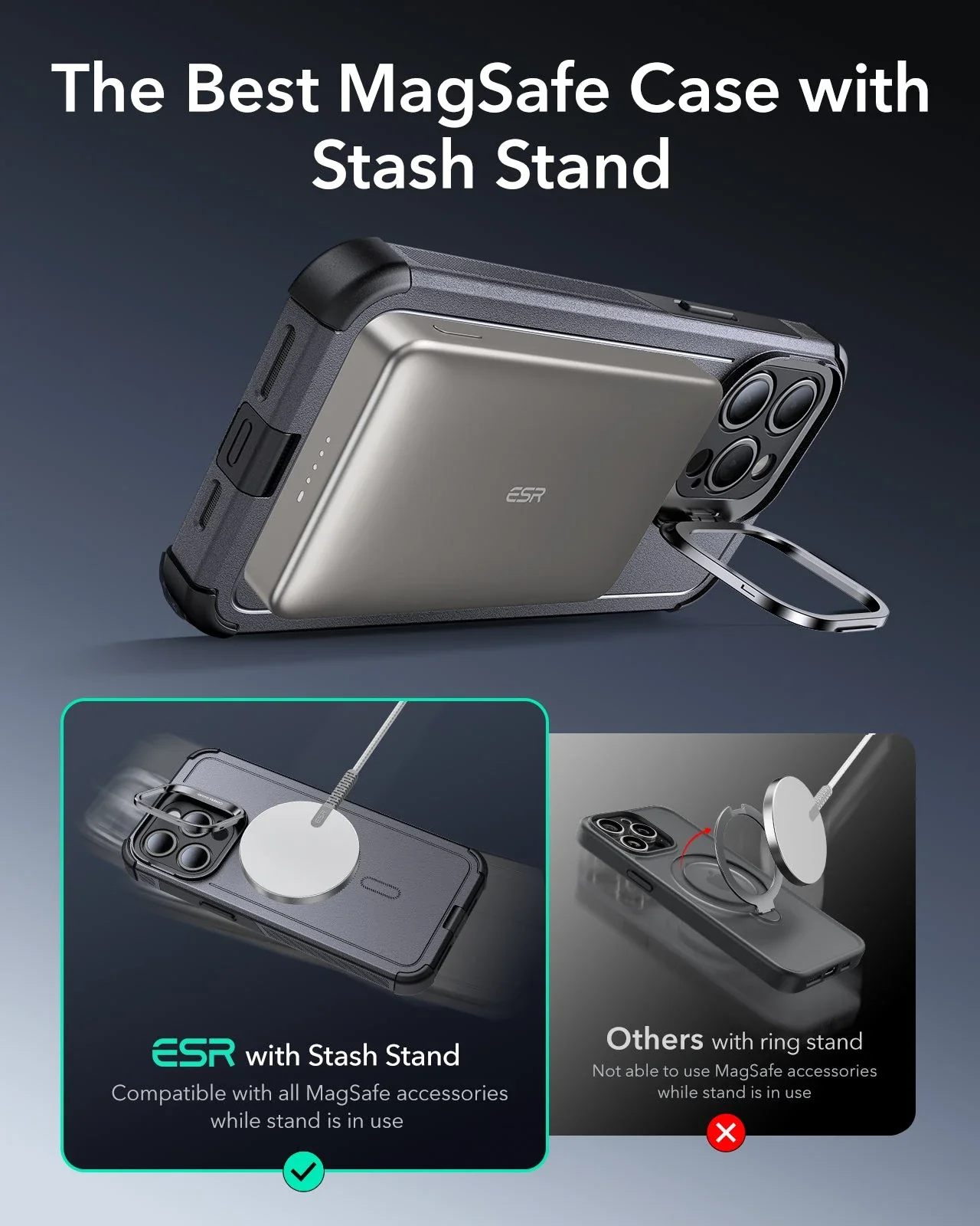 iPhone 15 Pro Max Cyber Tough Case with Stash Stand (HaloLock) - Gray - Image 4