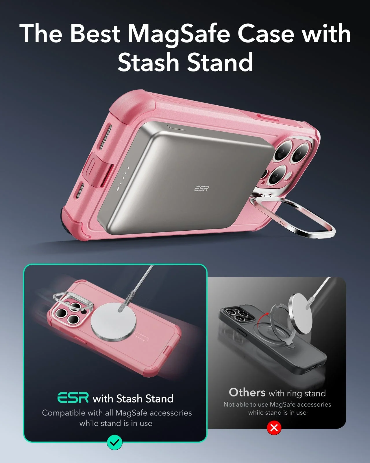 iPhone 15 Pro Max Cyber Tough Case with Stash Stand (HaloLock) - Pink - Image 3