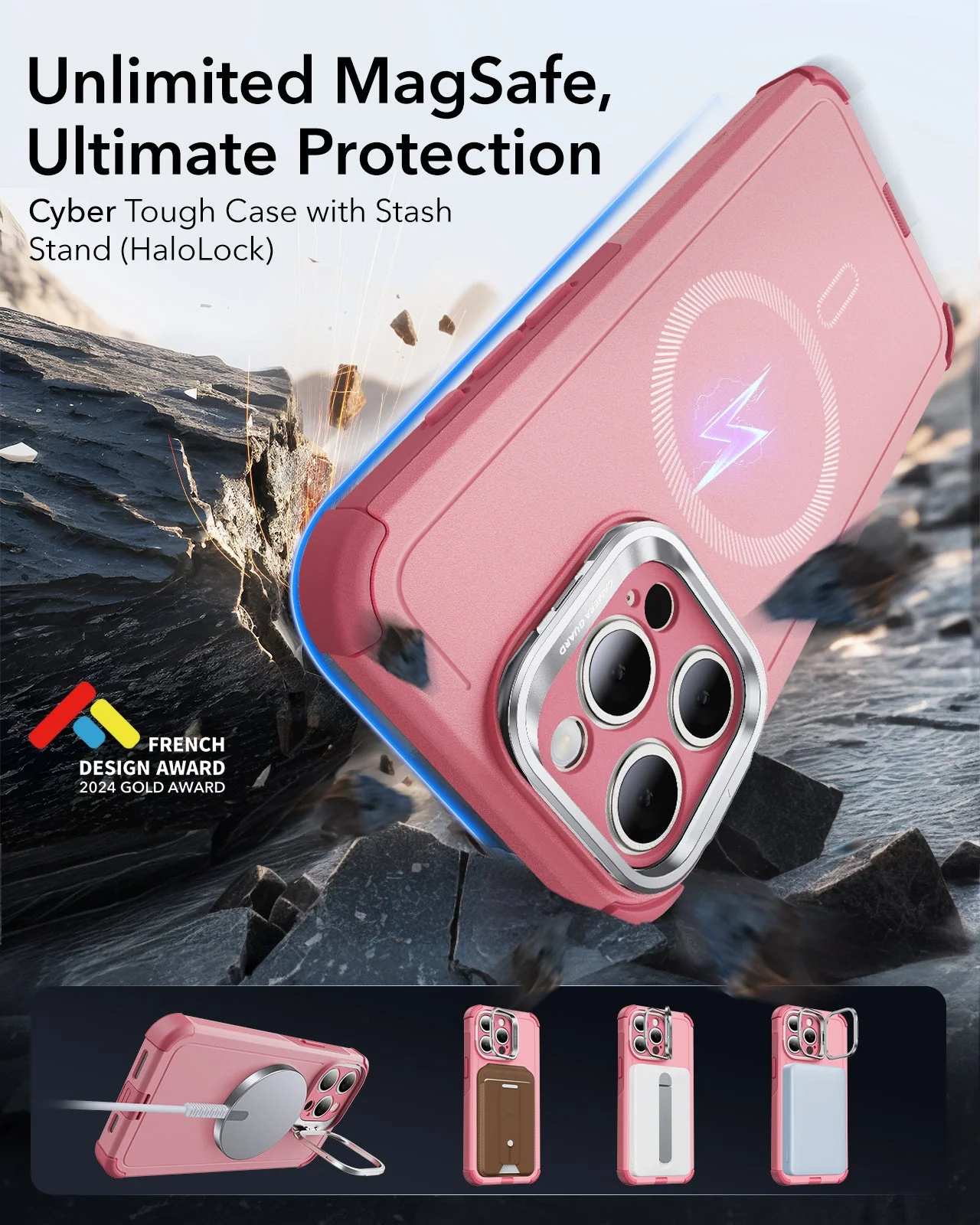 iPhone 15 Pro Max Cyber Tough Case with Stash Stand (HaloLock) - Pink - Image 5