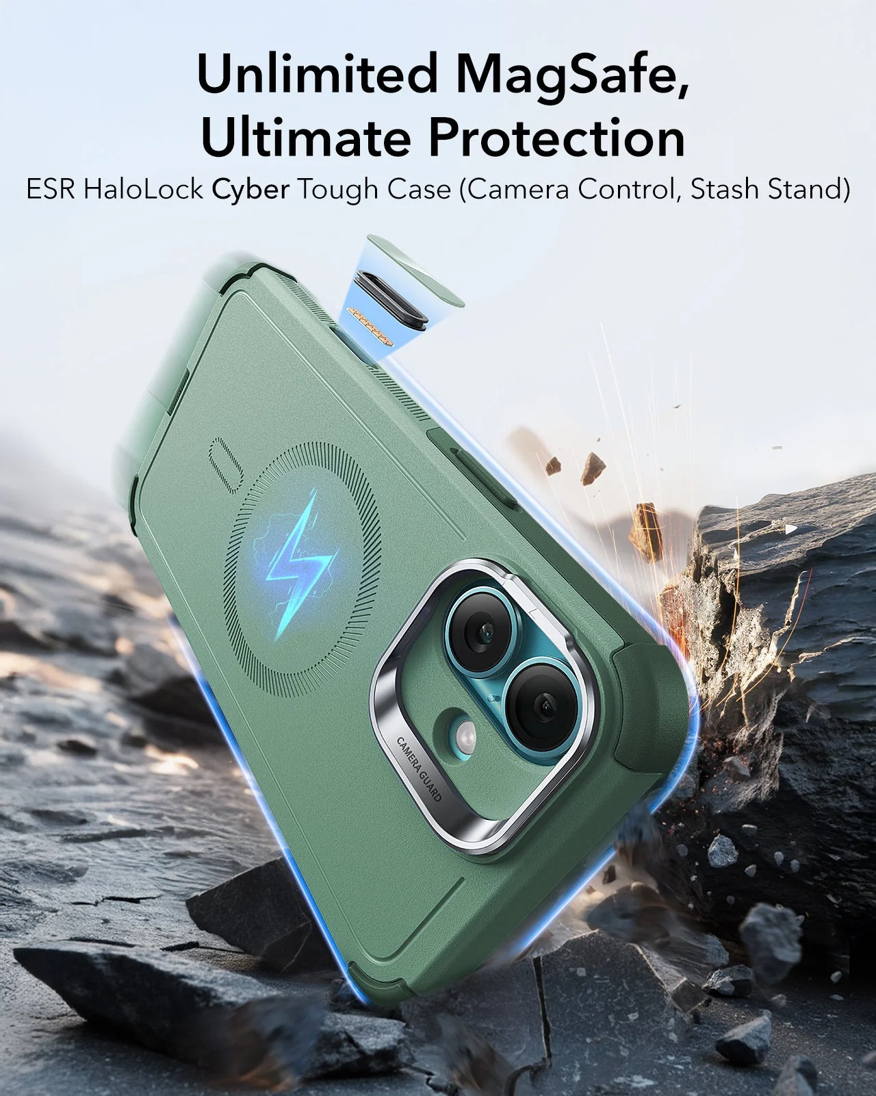 iPhone 16 Cyber Tough Magnetic Case (Camera Control, Stash Stand) - Light Green - Image 3