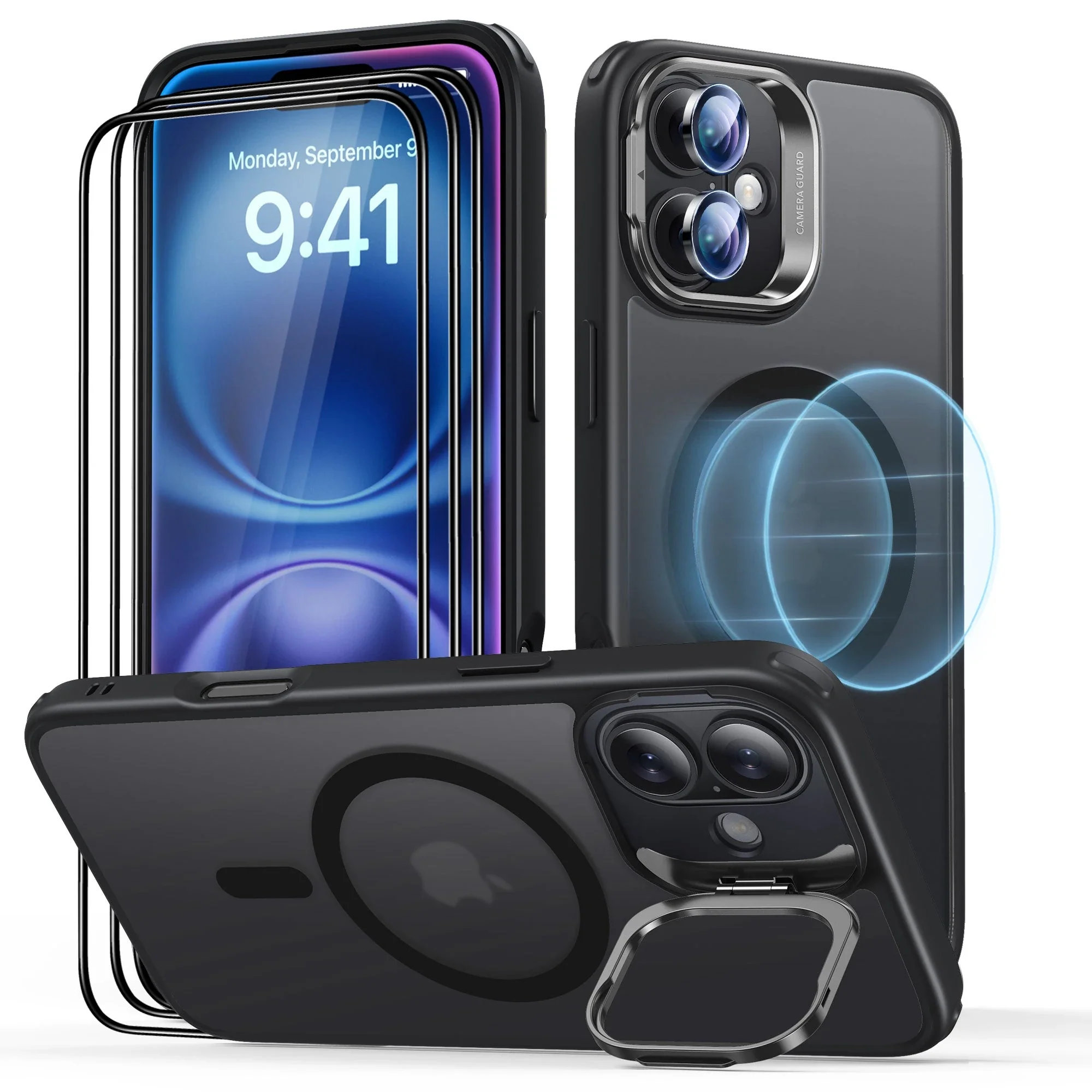 iPhone 16 Plus Classic Hybrid with Stash Stand Protection Bundle - Frosted Black