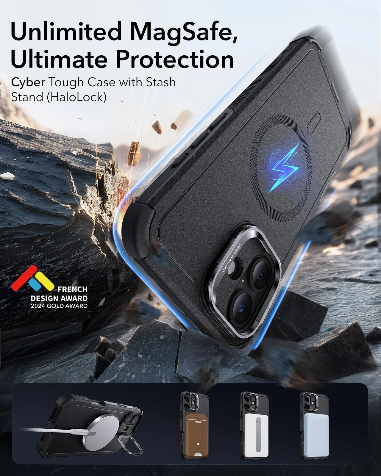iPhone 16 Plus Cyber Tough Case with Stash Stand Protection Bundle - Black - Image 2