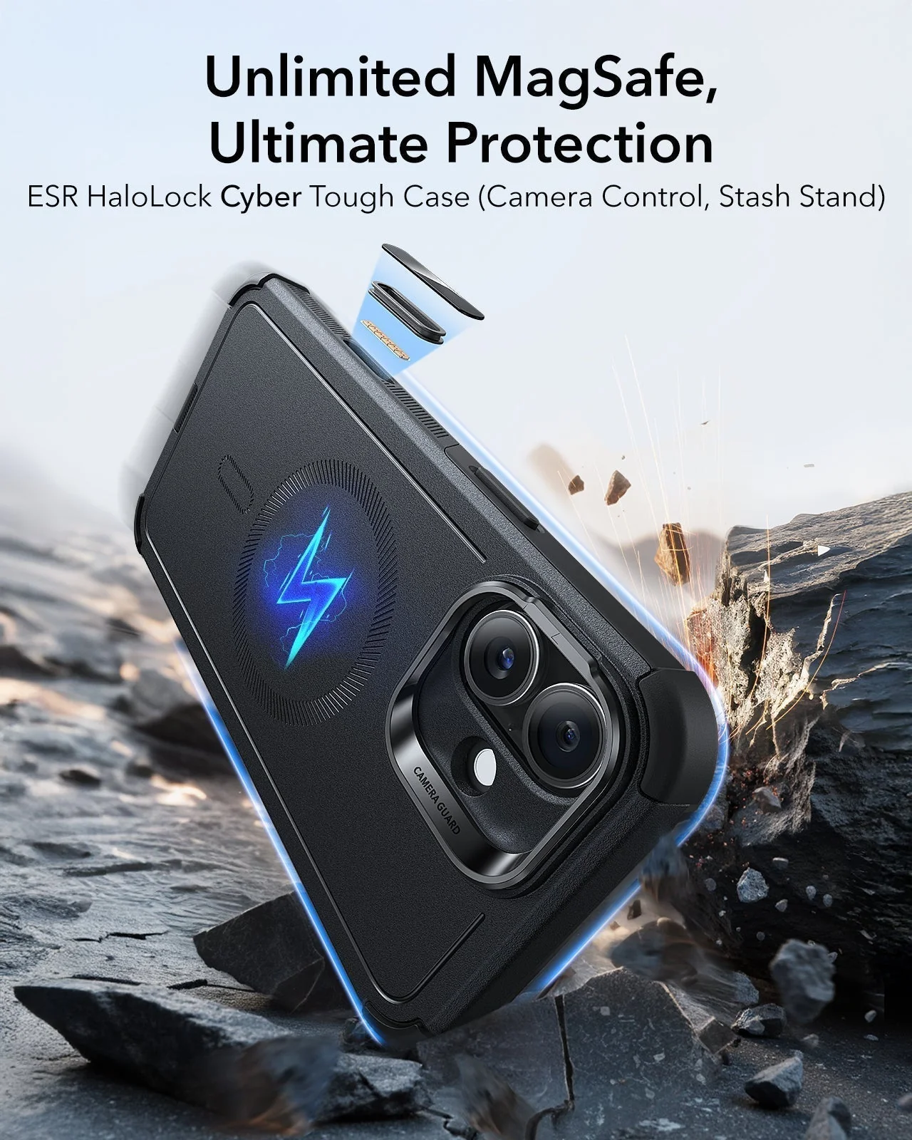 iPhone 16 Plus Cyber Tough Magnetic Case Protection Bundle (Camera Control, Stash Stand) - Black - Image 3