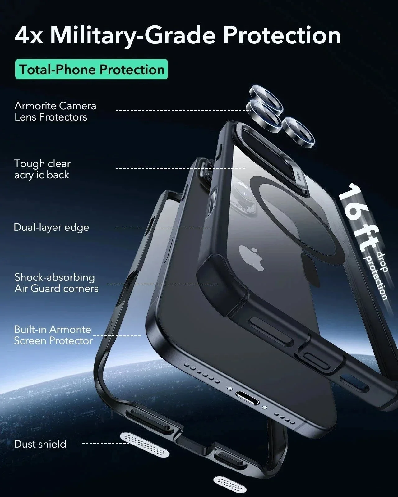 iPhone 16 Pro Armor Tough Magnetic Case (Camera Control, Stash Stand) - Clear Black - Image 5