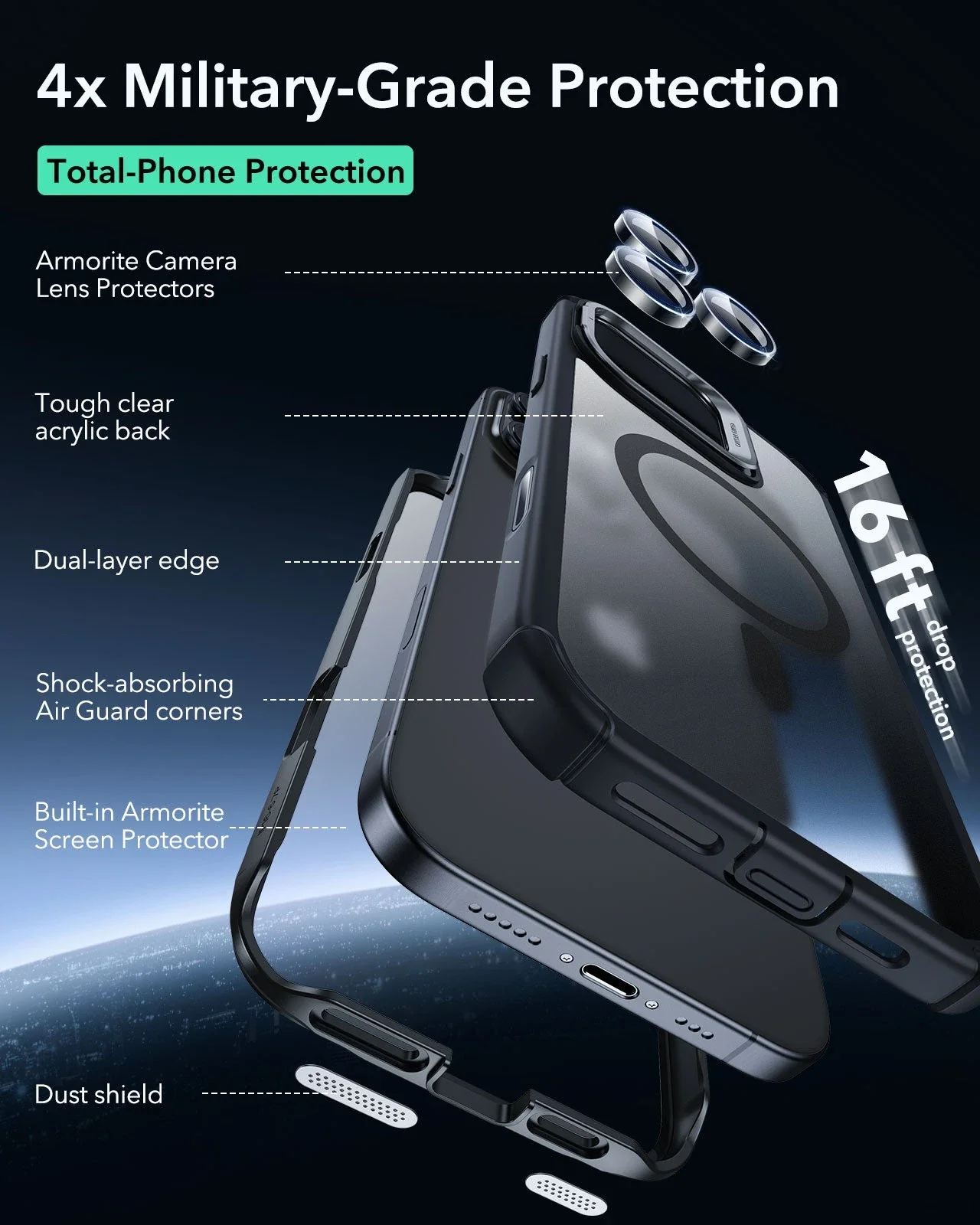 iPhone 16 Pro Armor Tough Magnetic Case (Camera Control, Stash Stand) - Frosted Black - Image 5