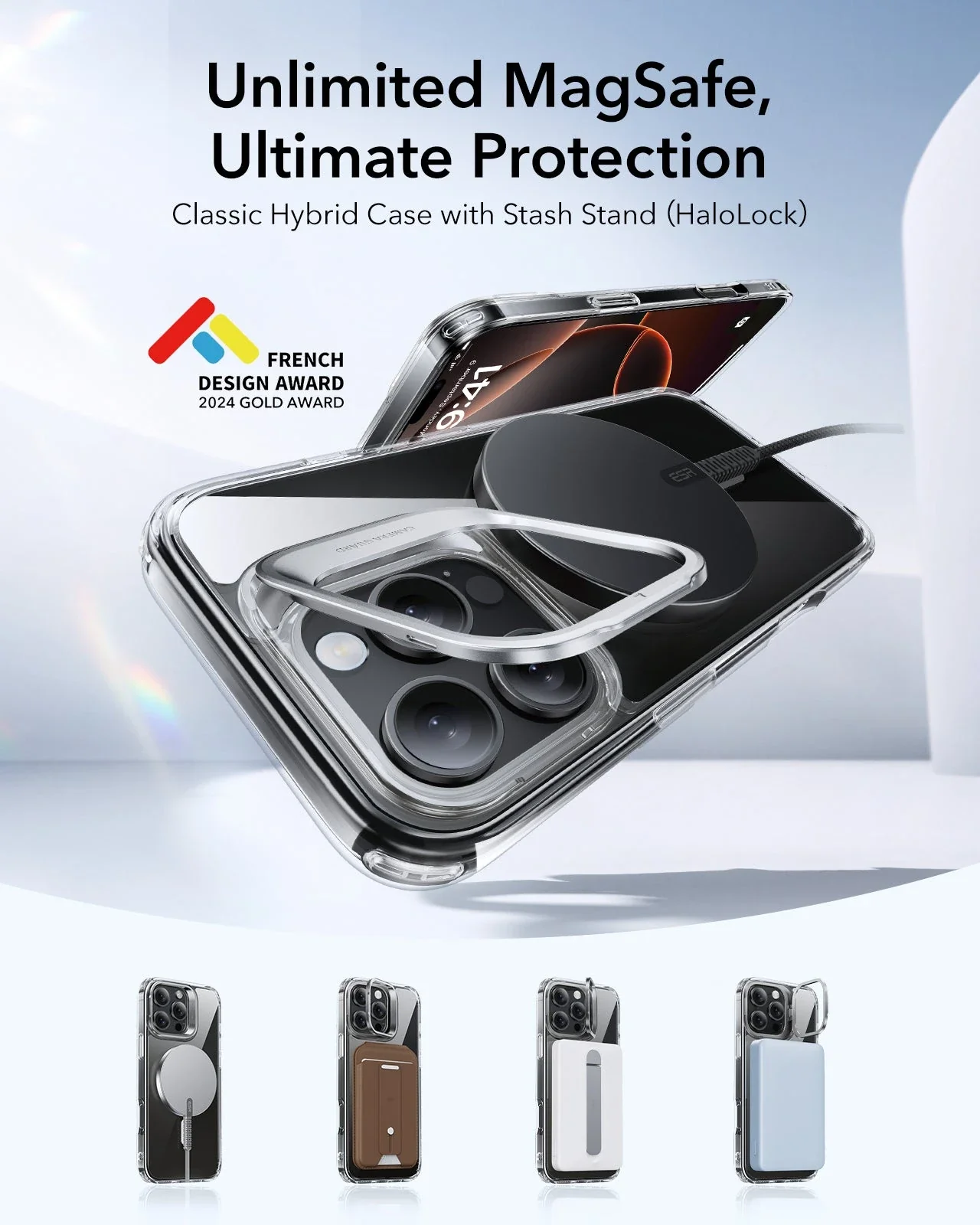 iPhone 16 Pro Classic Hybrid Case with Stash Stand (HaloLock) - Clear Black - Image 2