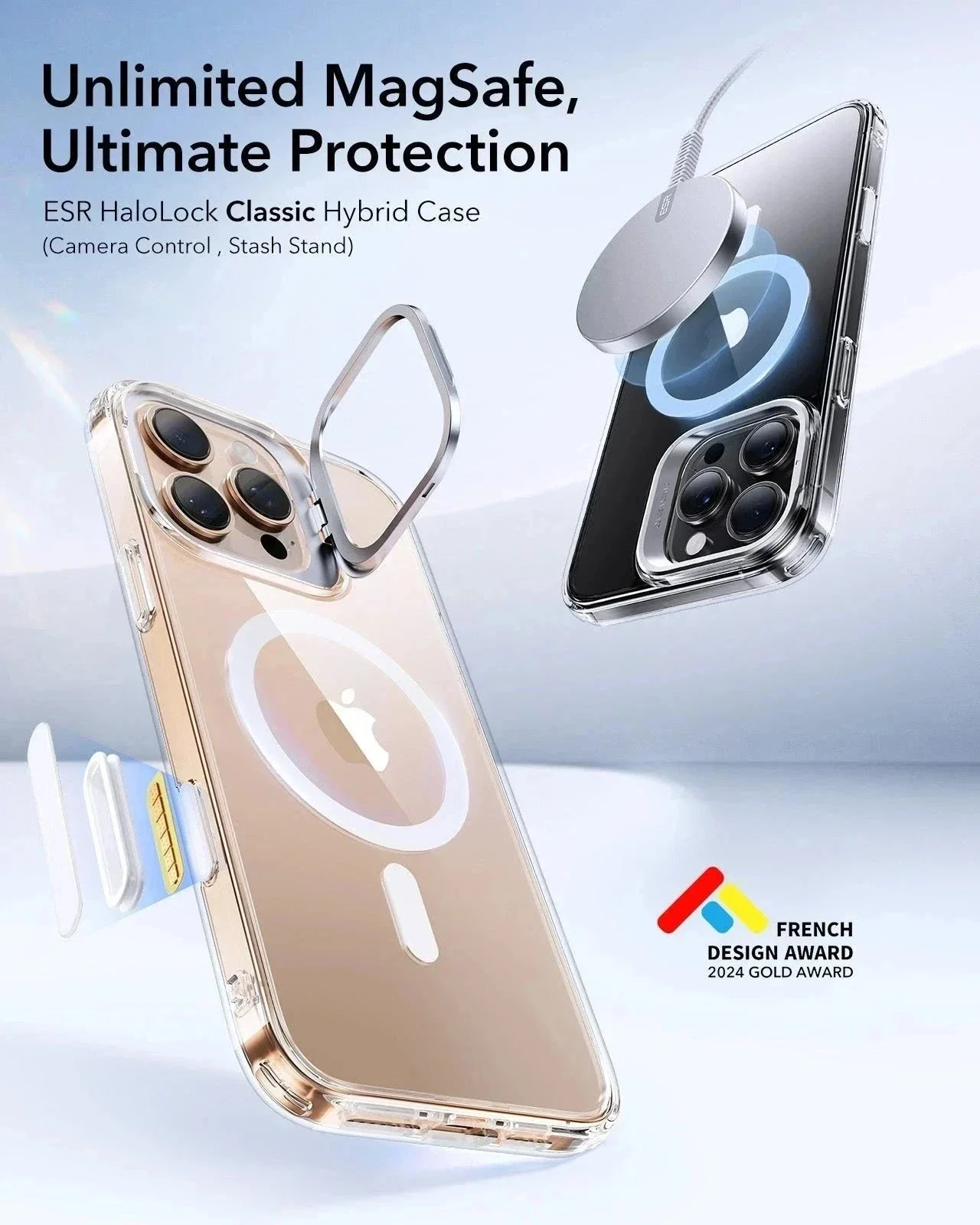iPhone 16 Pro Classic Hybrid Magnetic Case (Camera Control, Stash Stand) & Privacy Screen Protector Bundle - Clear Grey - Image 3