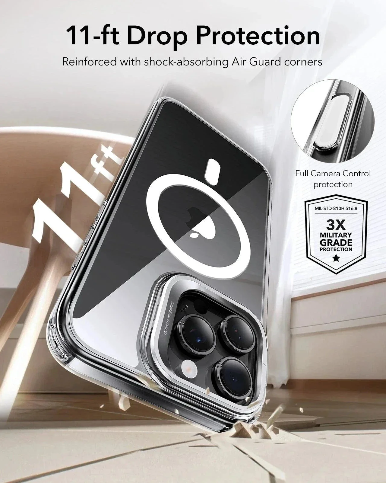 iPhone 16 Pro Classic Hybrid Magnetic Case (Camera Control, Stash Stand) & Privacy Screen Protector Bundle - Clear Grey - Image 7