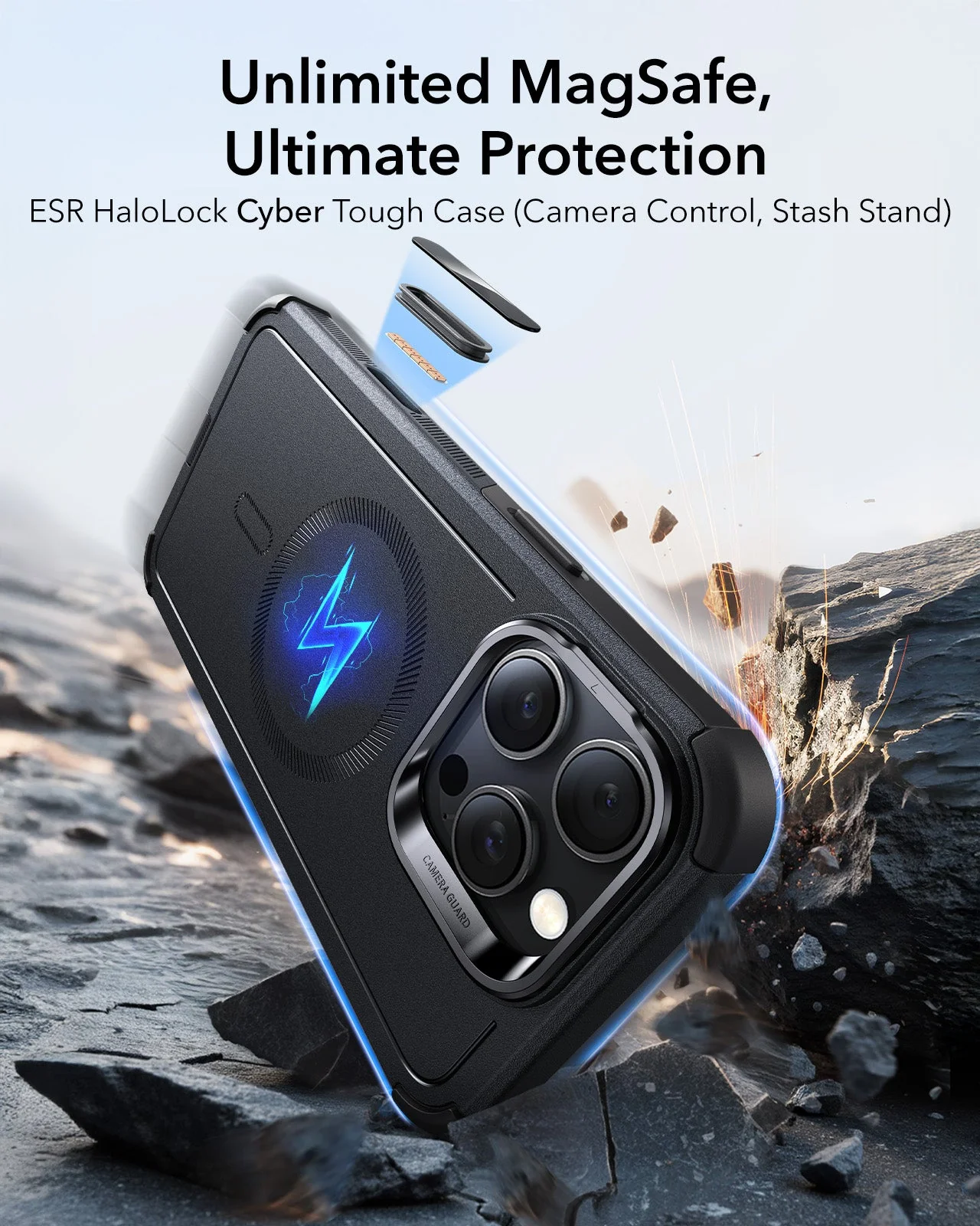 iPhone 16 Pro Cyber Tough Magnetic Case (Camera Control, Stash Stand) - Black - Image 2