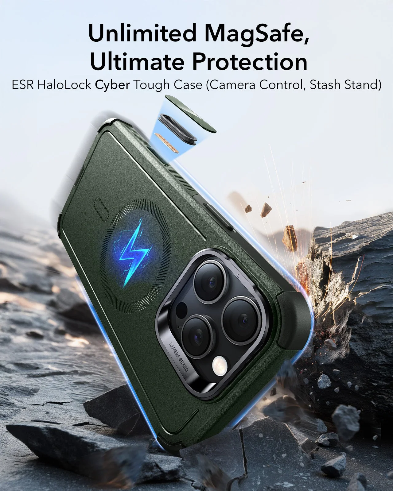 iPhone 16 Pro Cyber Tough Magnetic Case (Camera Control, Stash Stand) - Army Green - Image 2