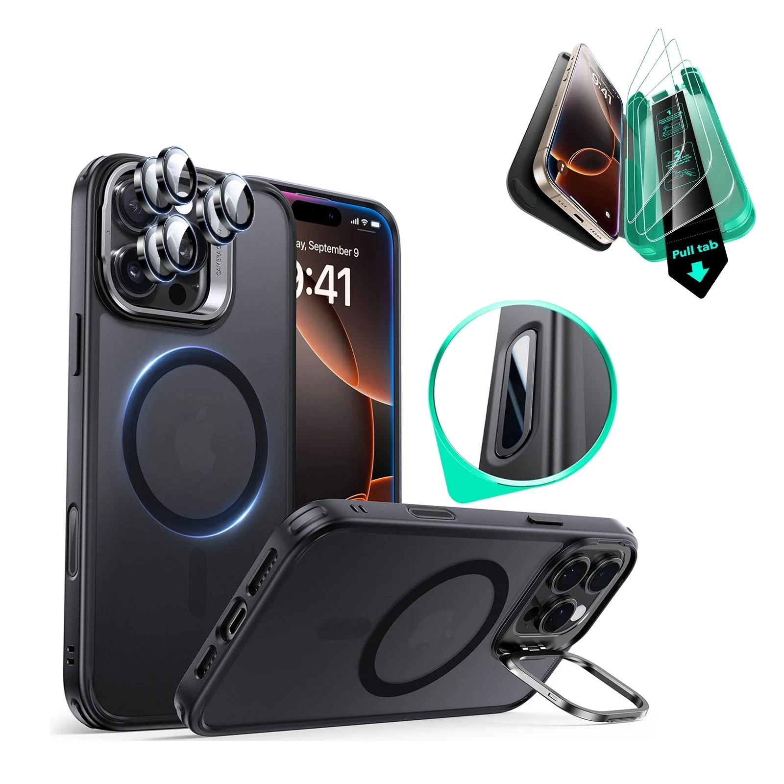 iPhone 16 Pro Classic Hybrid Magnetic Case Protection Bundle (Camera Control, Stash Stand) - Frosted Black