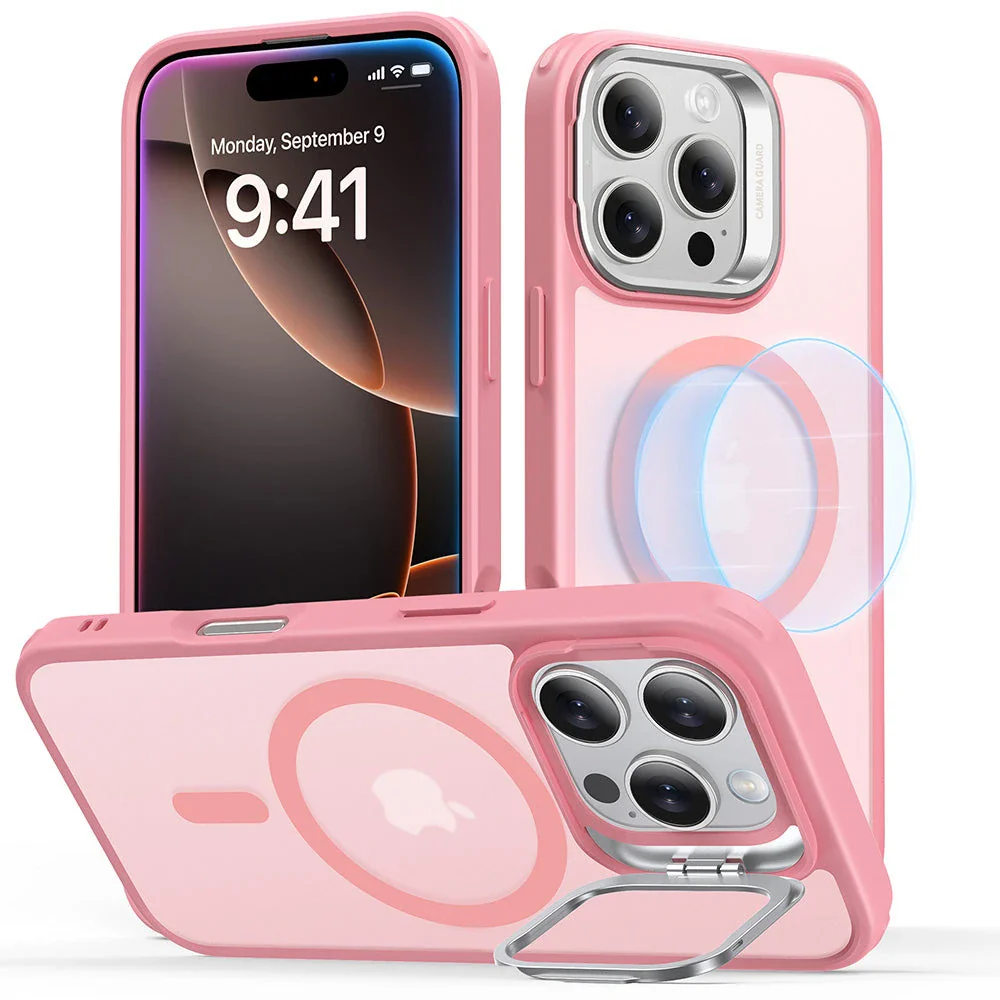 iPhone 16 Pro Max Classic Hybrid Case with Stash Stand (HaloLock) - Frosted Pink