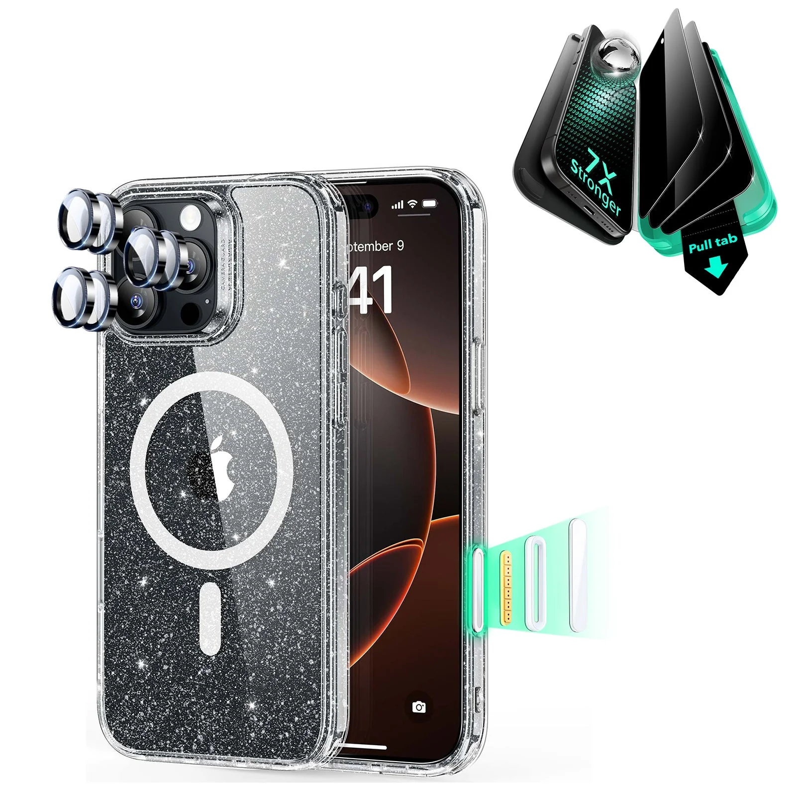 iPhone 16 Pro Max Classic Hybrid Magnetic Case (Camera Control) & Privacy Screen Protector Bundle -Clear Shimmer