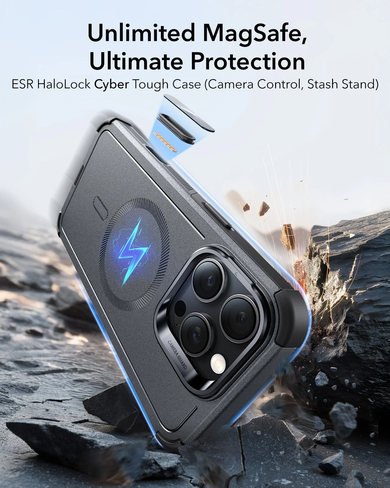 iPhone 16 Pro Max Cyber Tough Magnetic Case (Camera Control, Stash Stand) - Grey - Image 2