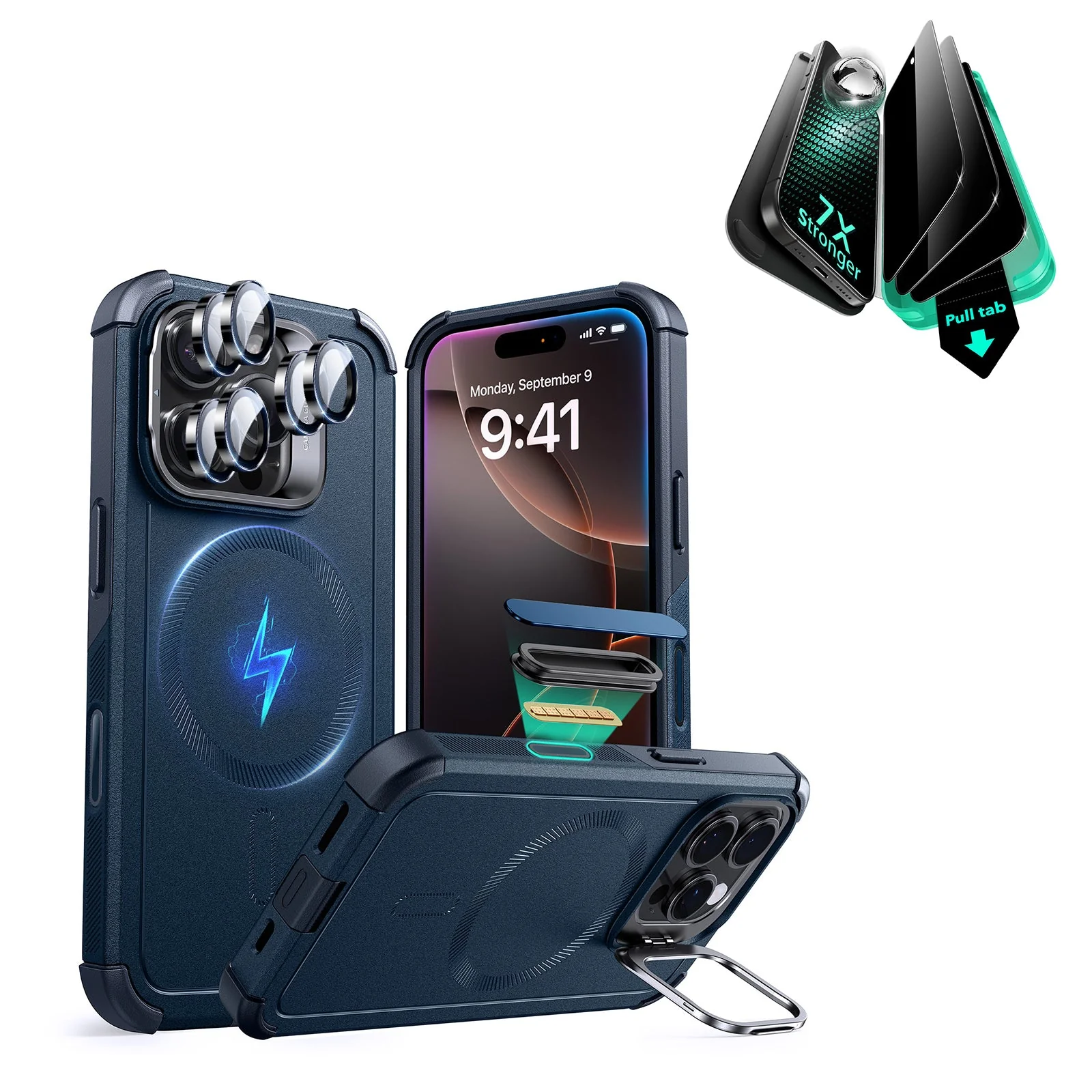 iPhone 16 Pro Max Cyber Tough Magnetic Case Privacy Protection Bundle (Camera Control, Stash Stand) - Navy Blue