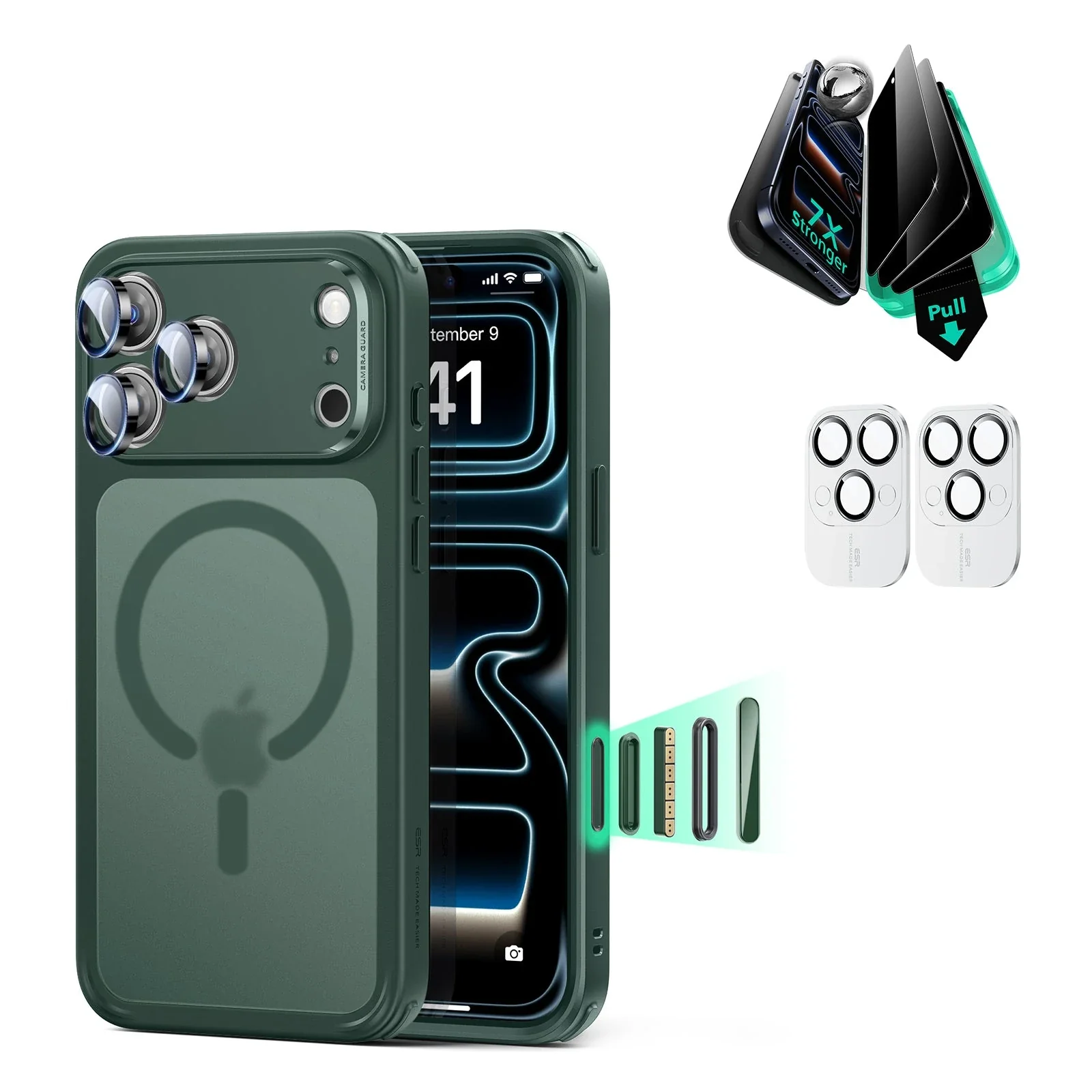 iPhone 17 Pro Max Bundle Classic Hybrid Magnetic Case (Camera Control) and Armorite Privacy Screen Protector - Frosted Green