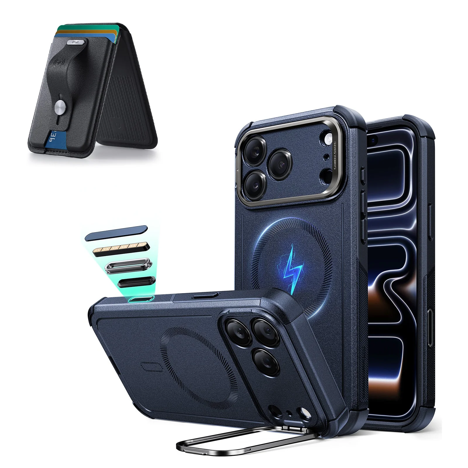 iPhone 17 Pro Max Cyber Tough Magnetic Case (Camera Control, Stash Stand) with Wallet Stand Bundle - Navy Blue