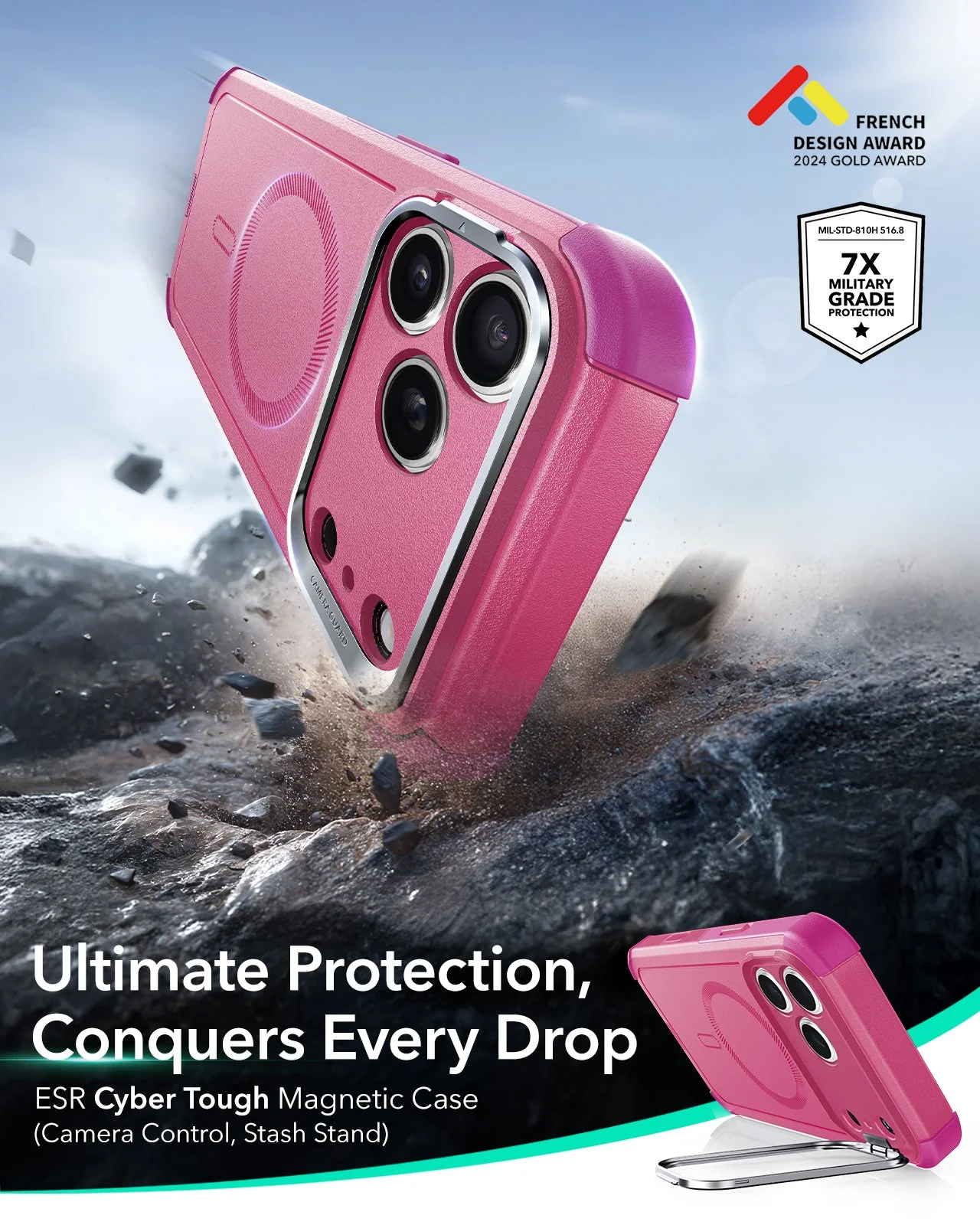 iPhone 17 Pro Max Cyber Tough Magnetic Case (Camera Control, Stash Stand) - Rosy Pink - Image 2