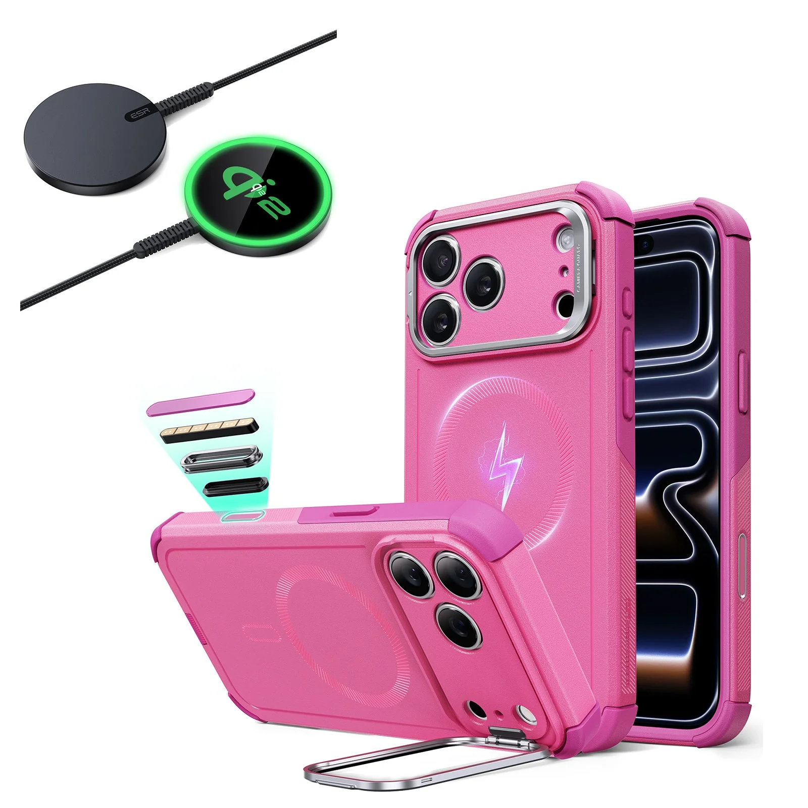 iPhone 17 Pro Bundle Cyber Tough Magnetic Case (Camera Control, Stash Stand) and Magnetic Charging Pad (Qi2) - Rosy Pink