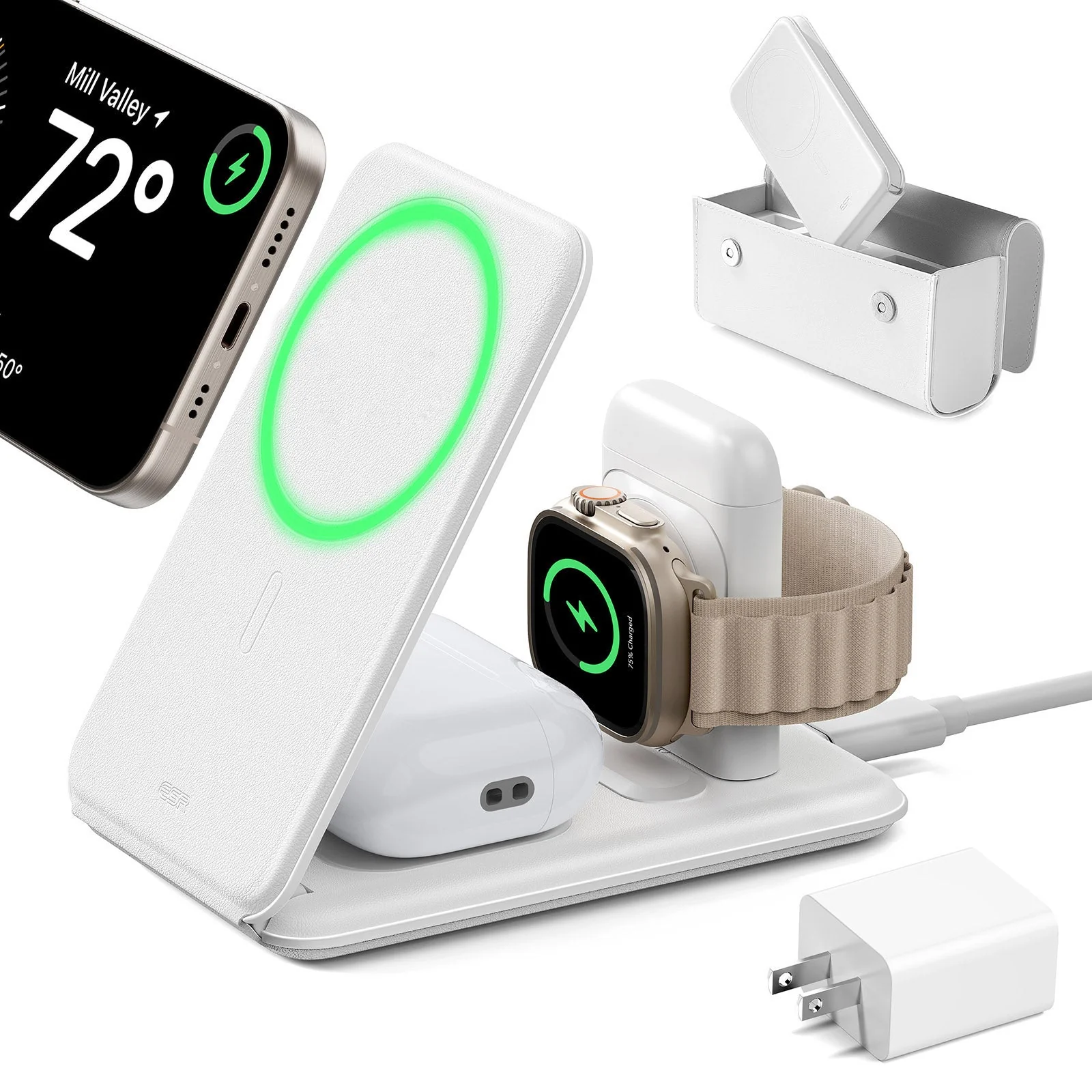 15W 3-in-1 Travel Wireless Charging Set (Bag Included) - White - JP Plug