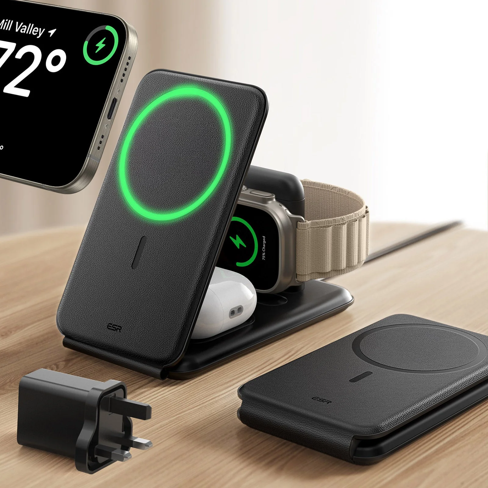 15W 3-in-1 Travel Wireless Charging Set - Black - UK Plug