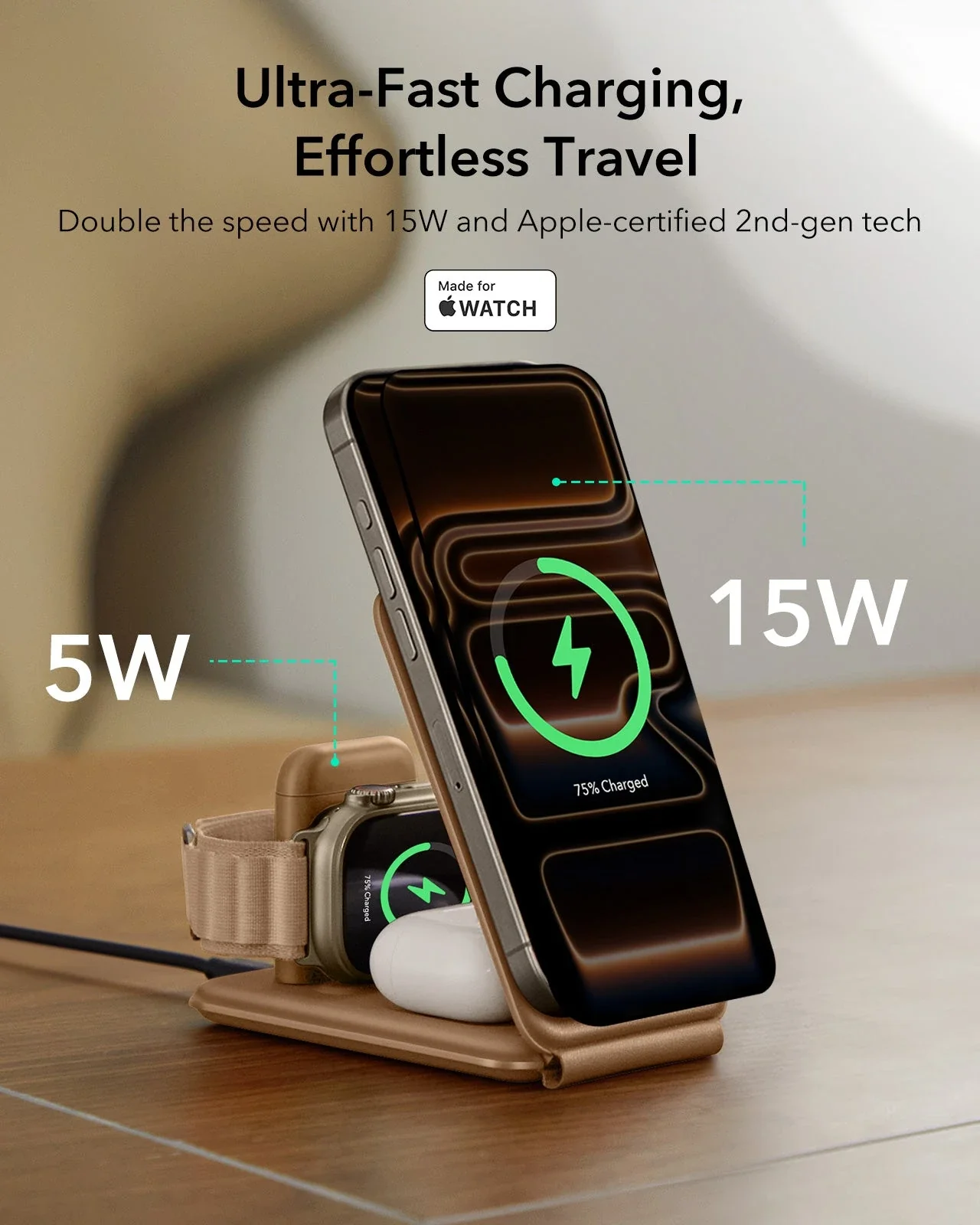15W 3-in-1 Travel Wireless Charging Set - Brown - US Plug - Image 8