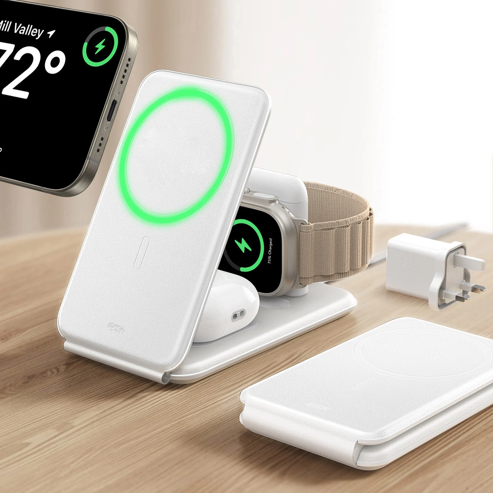 15W 3-in-1 Travel Wireless Charging Set - White - UK Plug