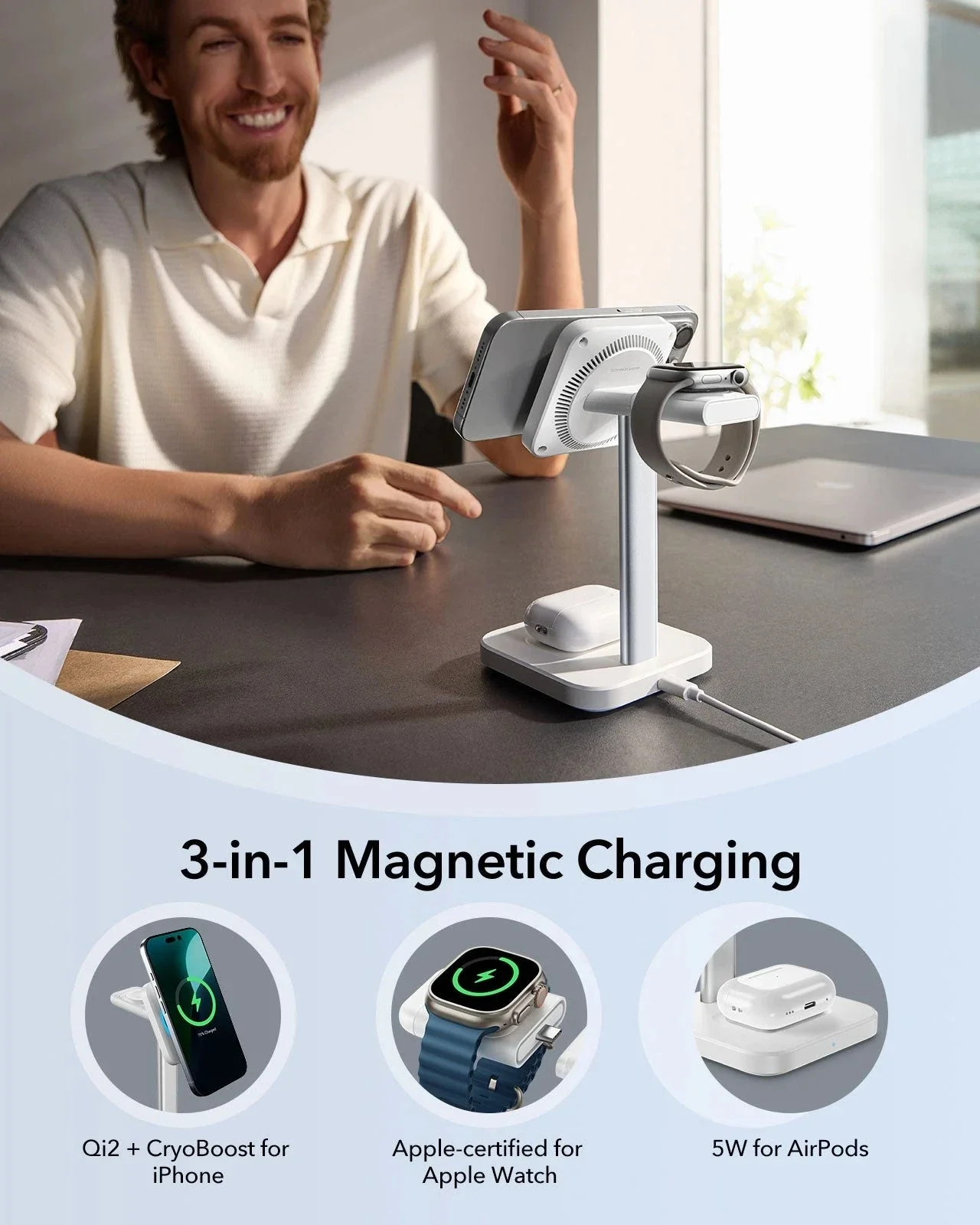 15W 3-in-1 Wireless Charging Station with CryoBoost (HaloLock) - Black - JP Plug - Image 7